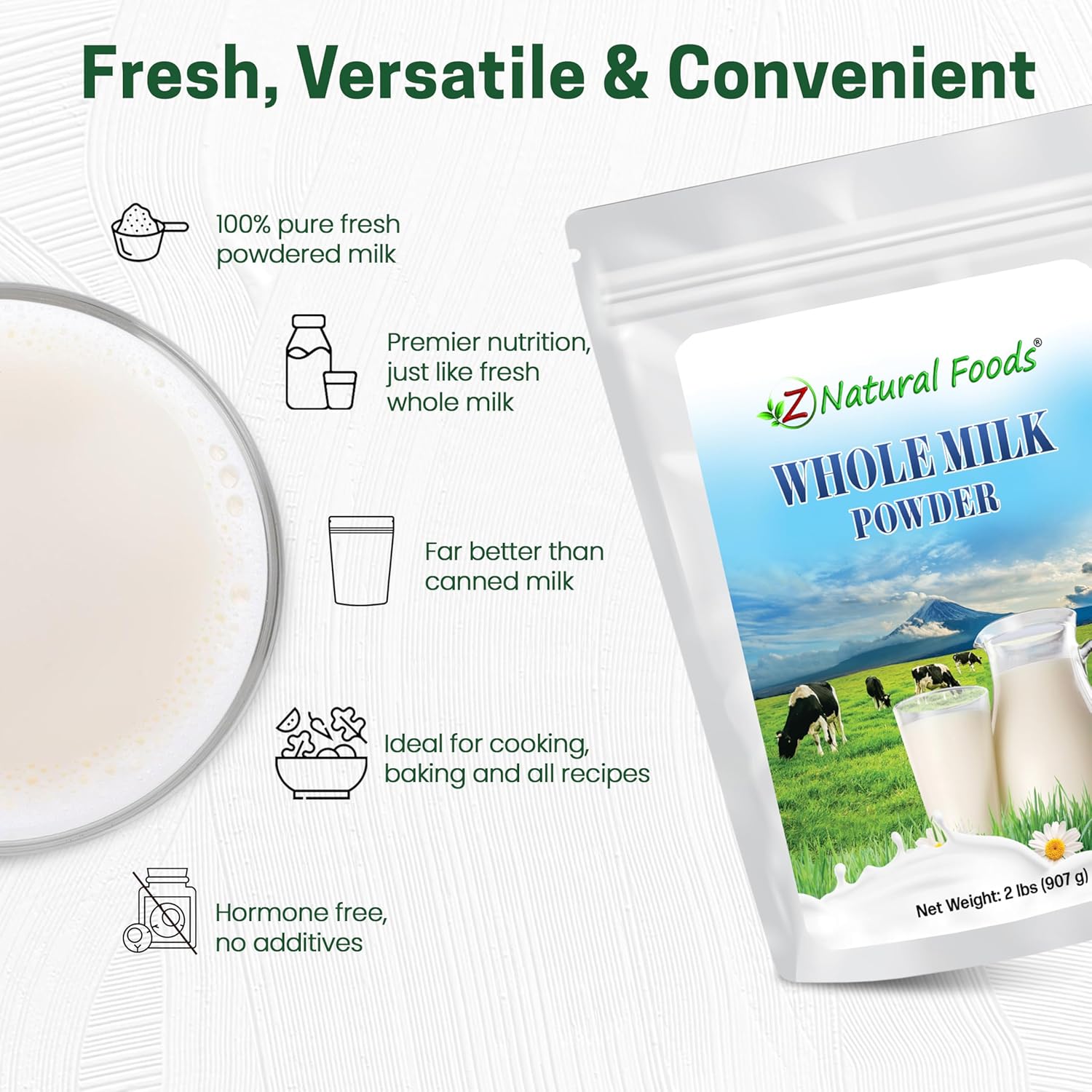 Z Natural Foods Premium Whole Milk Powder - Powdered Milk for Baking, Cooking, Drinks - Dry Milk Powder, Pasteurized, Non-GMO, Gluten-Free, Kosher-Certified, 5 lbs