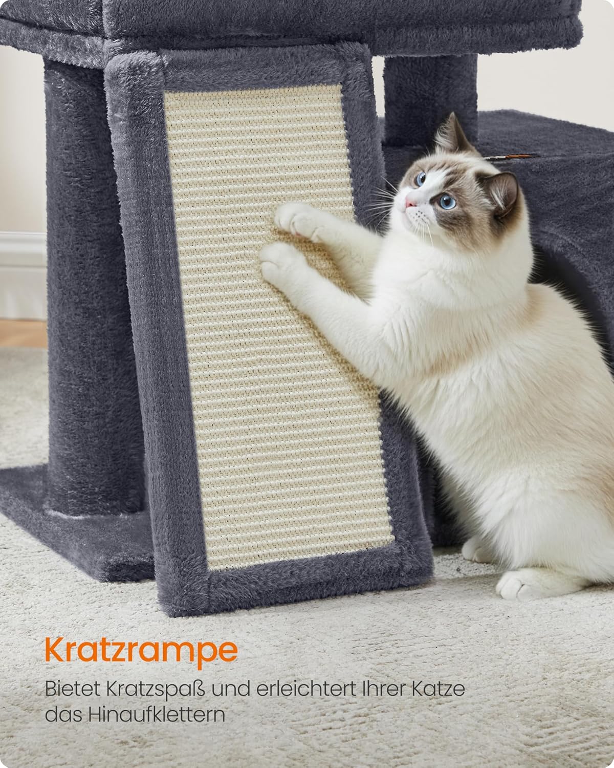 Feandrea Kratzbaum, Katzenbaum mit Kratzsäulen, Rampe, Katzenkratzbaum, 2 große Plattformen, Höhle und Korb, 85,8 cm hoch, Taubengrau PCT013GD01