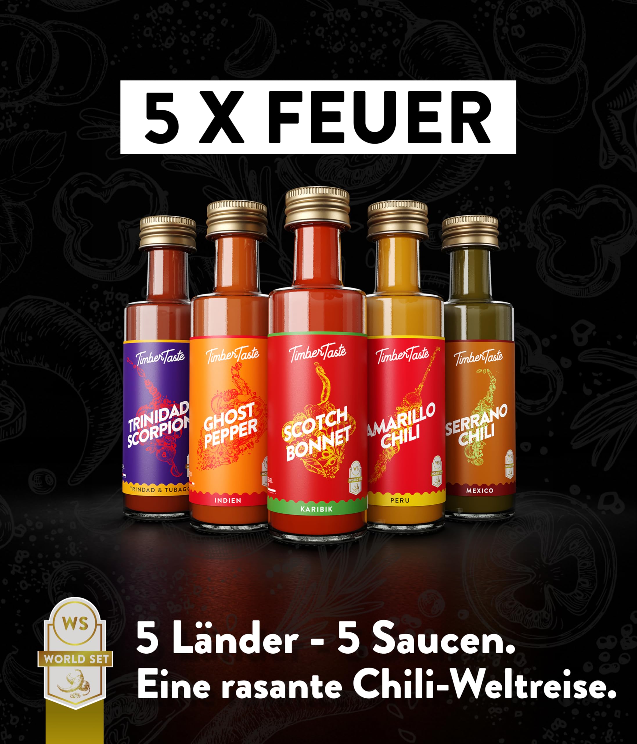 TIMBER TASTE® Chili Geschenkset scharfe Soßen Set - 5 Hot Sauce Set je 40ml in Geschenkverpackung für Liebhaber & Genießer scharfer Saucen | Ostergeschenk Mann | kleine Ostergeschenke Männer