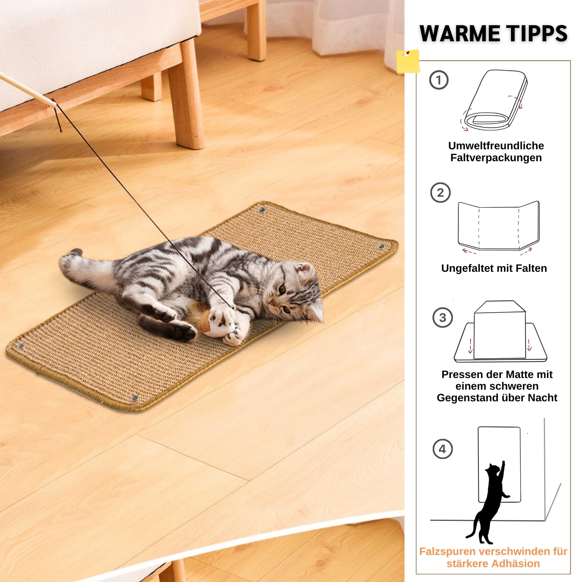 2 Stück Kratzmatte aus Sisal, Kratzmatte für Katzen, mit Klebeband, Katzenkratzmatte, Teppich zum Schutz der Wand, 60 × 25 cm (Braun)