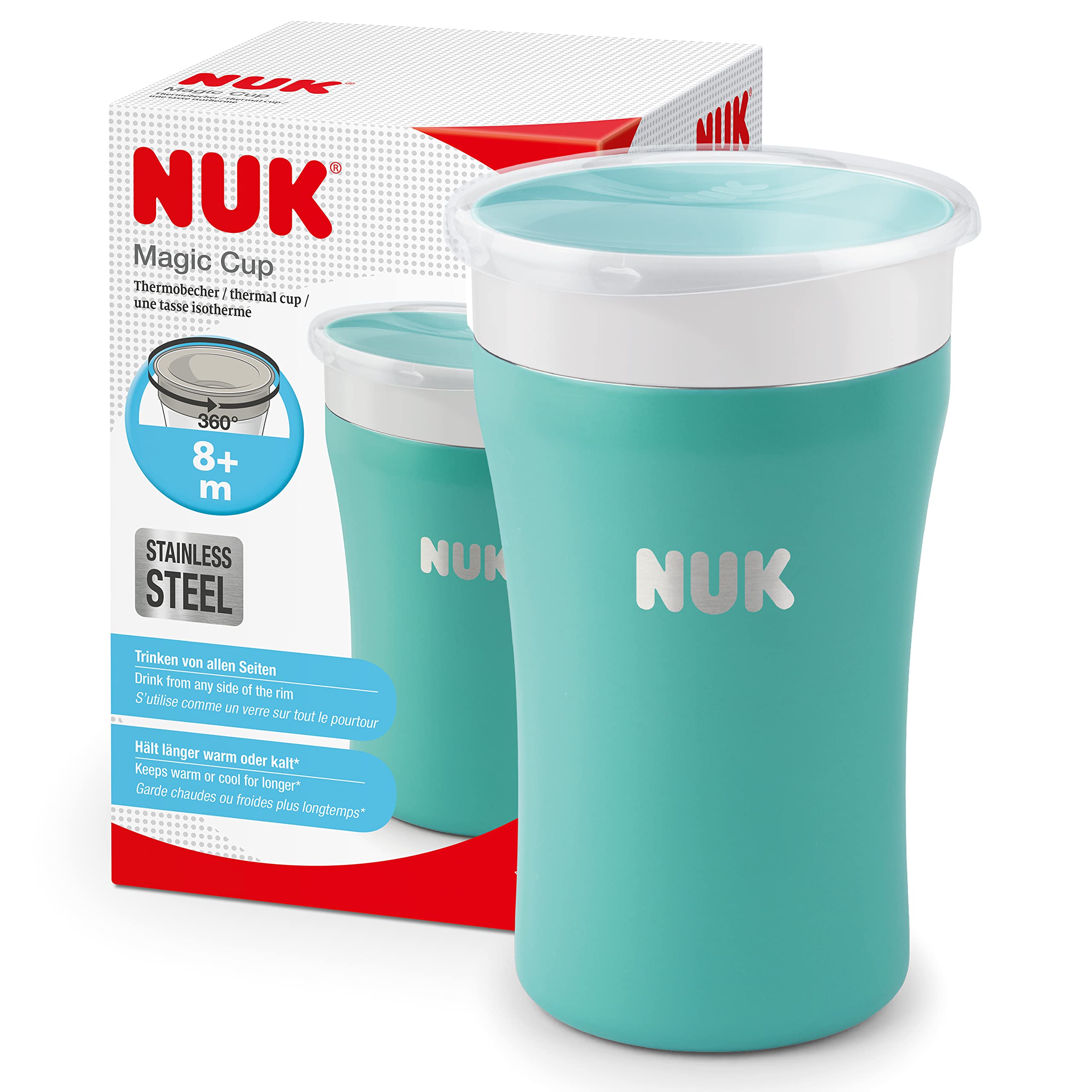 NUK Magic Cup Trinklernbecher | 8+ Monate | 230 ml | auslaufsicherer 360°-Trinkrand | BPA-frei | blauer Igel