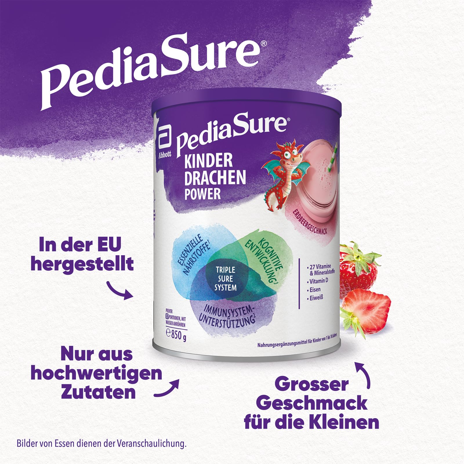 Pediasure Kinder Drachen Power Vanille 850g| leckerer Nahrungsergänzungsshake für Kinder ab 1 Jahr|mit 27 Vitaminen & Mineralien, Protein und triplesure Komplex|Verpackung kann variieren