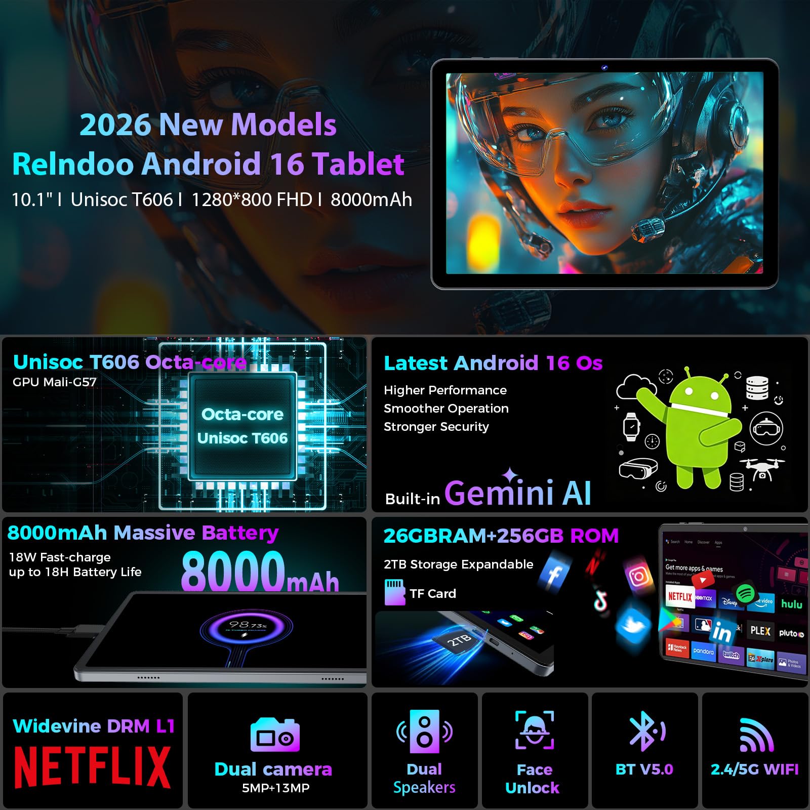 2026 Gemini AI Android 16 Tablet, 10 inch Tablet with Keyboard, 26GB+256GB (2TB Expand), 2-in-1 Tablets with 8-Core, 5G WiFi, 8000mAh, GMS, GPS, Electronic Tablets PC with Mouse, Case, Stylus (Black)