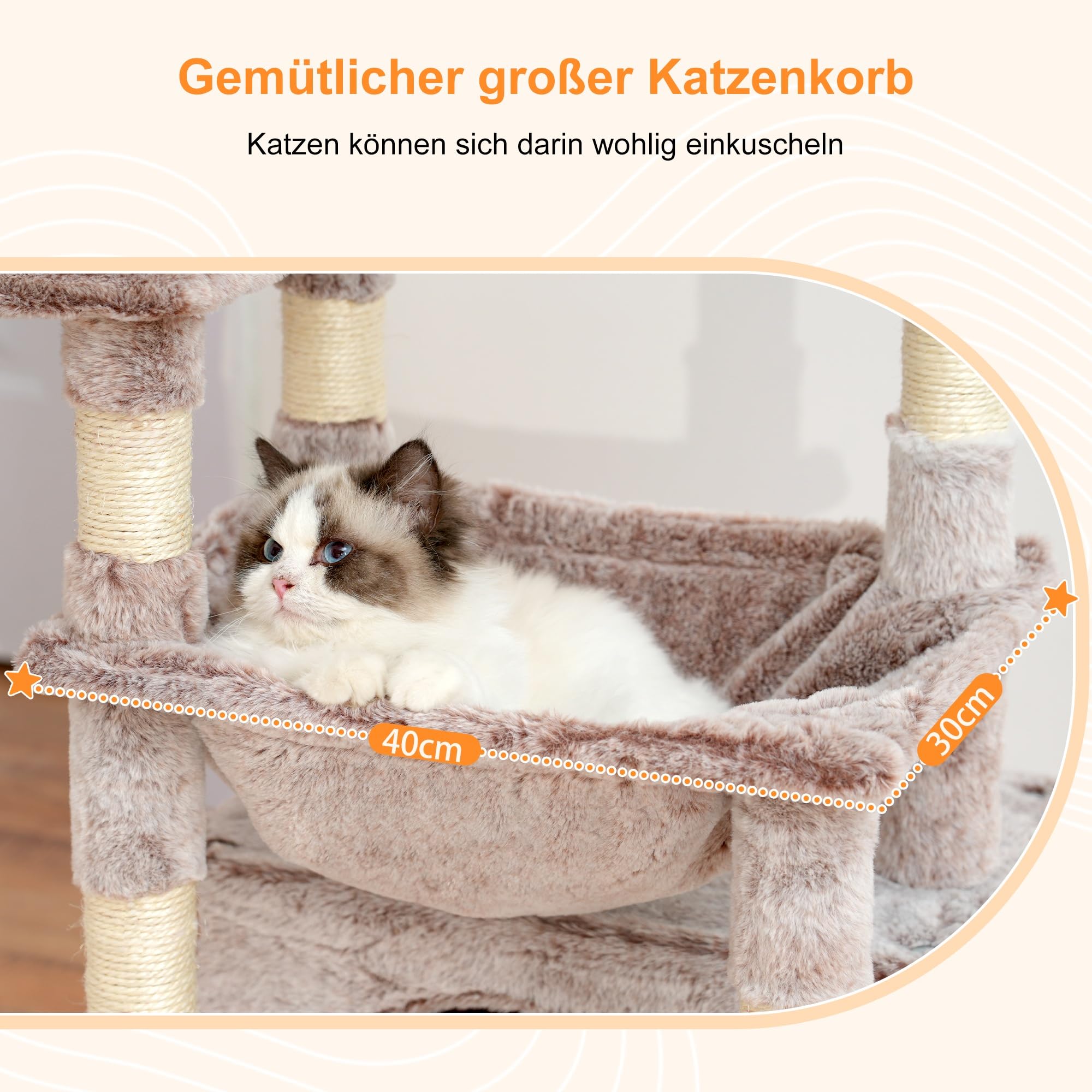 Heybly Kratzbaum, Katzenbaum mit Extra Großem, Weichem Katzenkorb, Katzenkratzbaum mit Geräumigem Katzenbett und Verstecktem Schlafplatz, Robusten Sisal-Kratzsäulen, Hellgrau HCT008SW