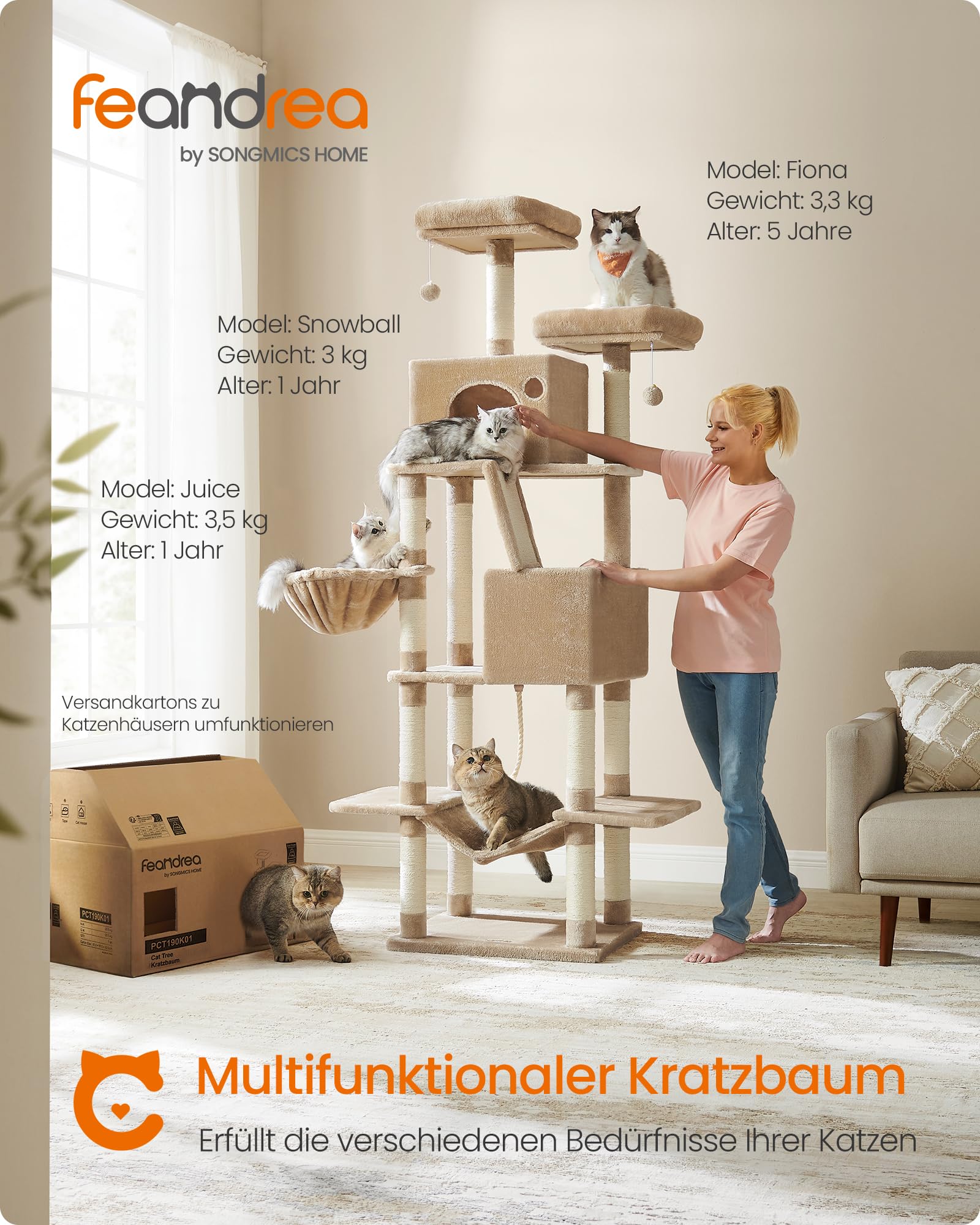 Feandrea Kratzbaum groß, 203,5 cm hoch, XXL Katzenbaum, mit 13 Kratzsäulen, 2 Plattformen, 2 Höhlen, Korb, Hängematte, Plüschbälle, mehrstöckiger Katzenkratzbaum, rauchgrau PCT190G01
