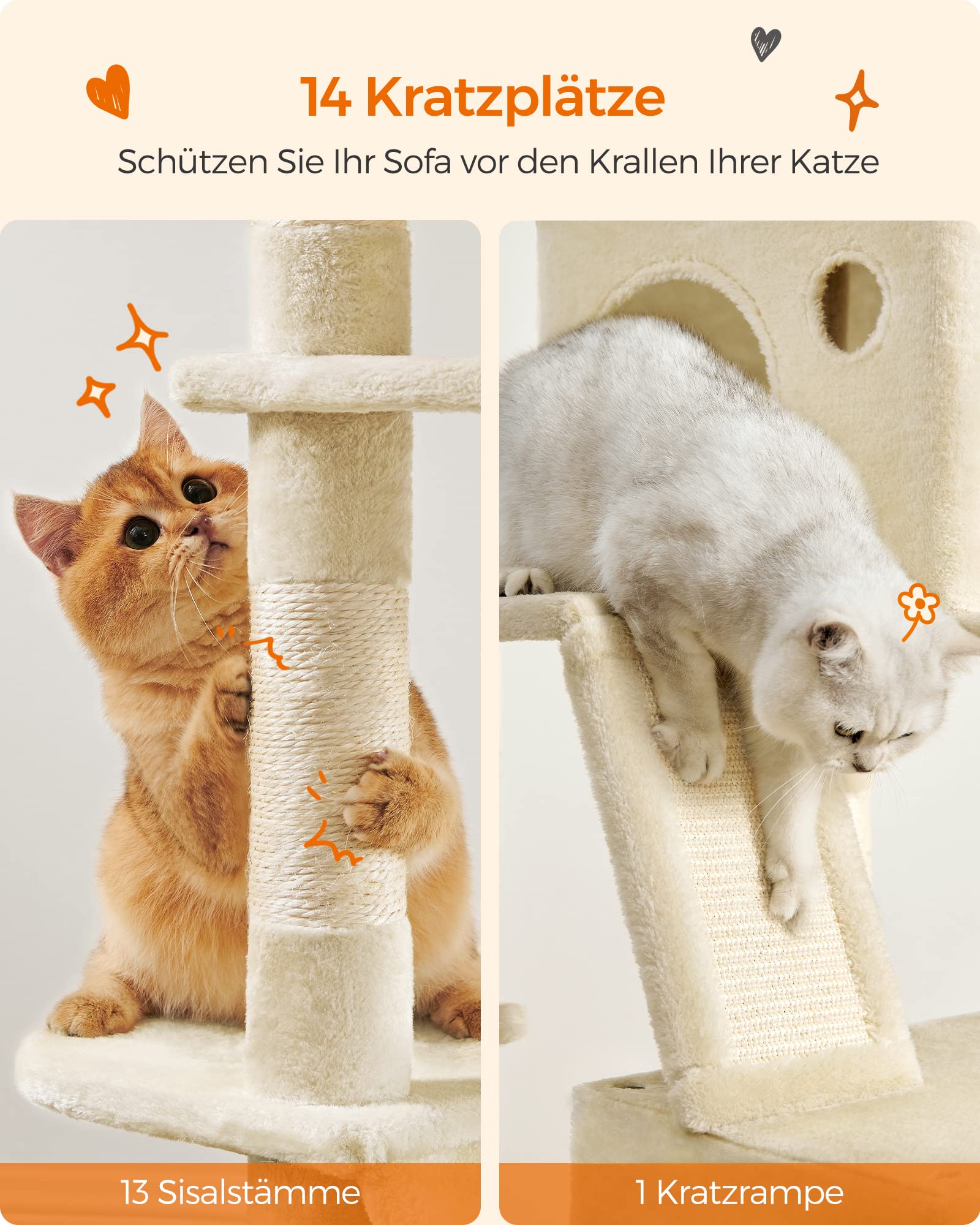 Feandrea Kratzbaum groß, 203,5 cm hoch, XXL Katzenbaum, mit 13 Kratzsäulen, 2 Plattformen, 2 Höhlen, Korb, Hängematte, Plüschbälle, mehrstöckiger Katzenkratzbaum, rauchgrau PCT190G01