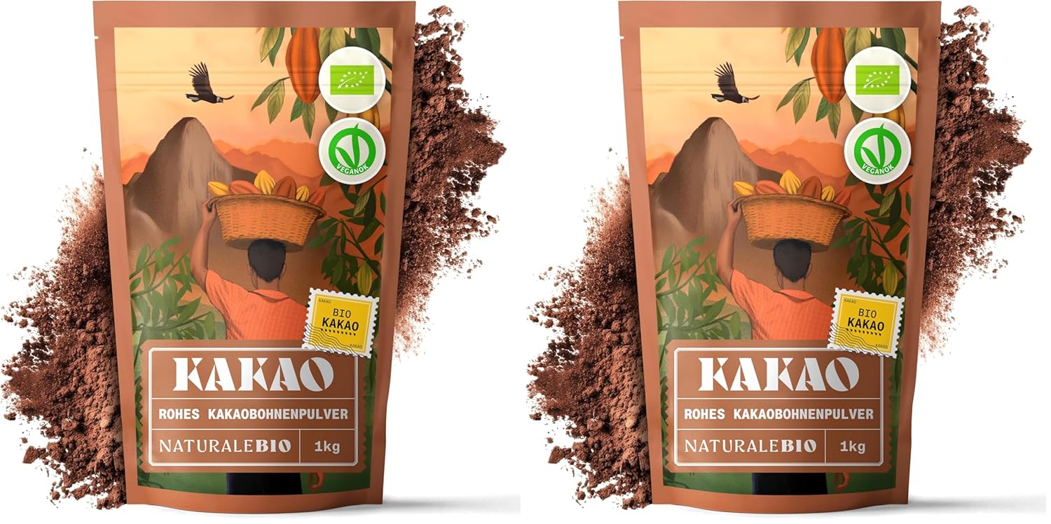 NaturaleBio Kakao Pulver Bio 1kg. Organic Cacao Pulver, Roh & Ungesüßt, Ideal für Getränke, Smoothies & Backen, Reich an Magnesium & Phosphor, Geprüft auf Schwermetalle