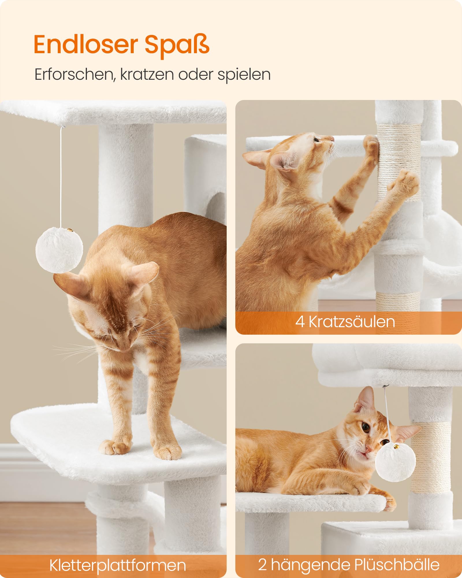 Feandrea Kratzbaum, 143 cm hoch, Katzenbaum, mehrstöckiges Katzenhaus, mit 4 Kratzsäulen, 2 Plattformen, Hängematte, Höhle, hellgrau PCT161W01