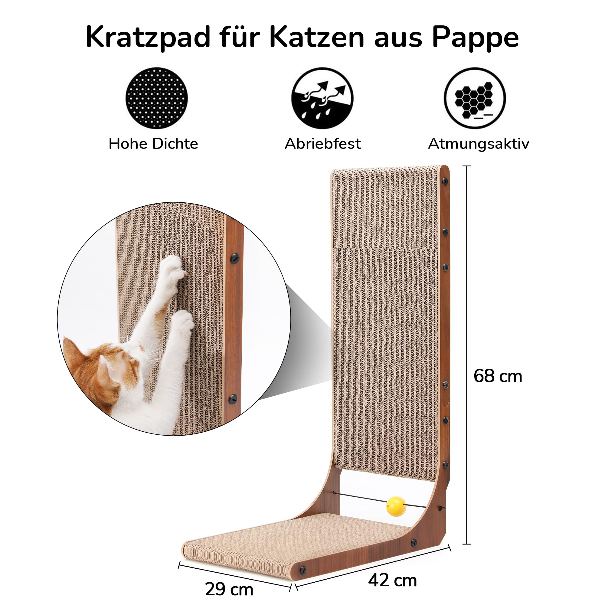 FUKUMARU Kratzbrett Katzen, 68 cm hohe L förmige Kratzpappe für Katzen, widerstandsfähig Katzenkratzbrett mit Ballspielzeug, Kratzmöbel aus hochwertiger Karton für Wand und Ecke, Groß