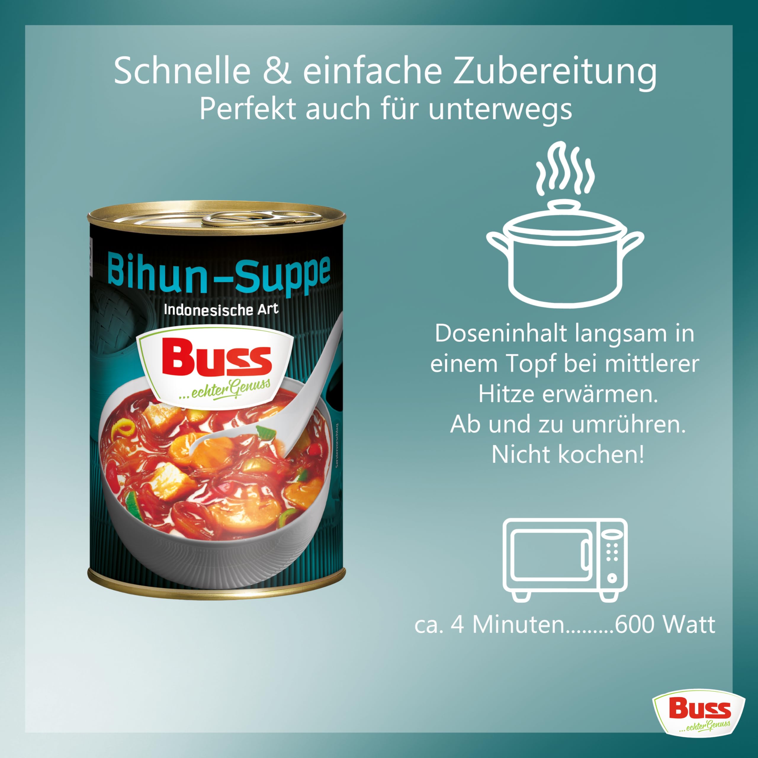 Buss Asia Suppen - Bihunsuppe Original nach indonesischer Art - Milde Asia Suppe mit Paprika, Hühnerfleisch und Glasnudeln - Schnelle Fertiggerichte zum Aufwärmen in Mikrowelle & Topf - 12 x 400g