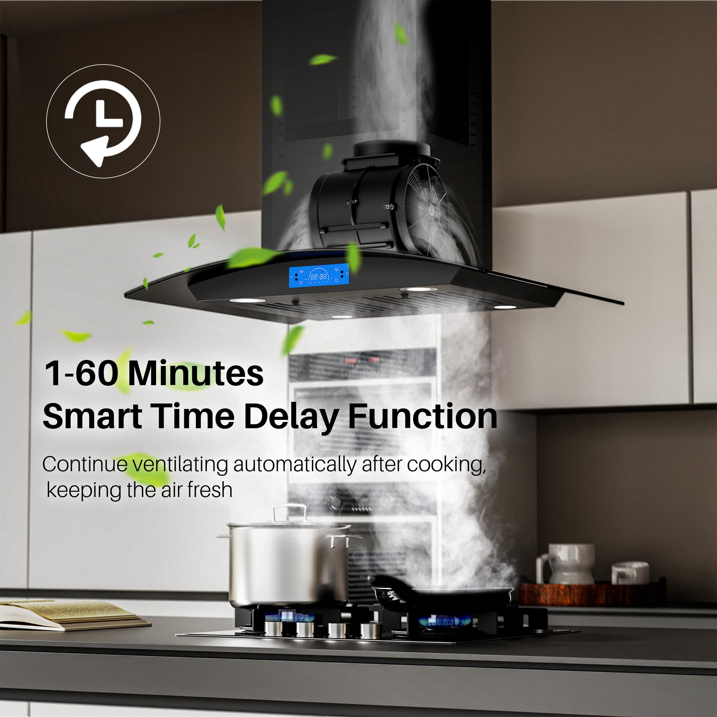 FIREGAS Island Range Hood 30 inch 700 CFM with Chimney, Ceiling Mount Kitchen Vent Hood with Tempered Glass, 4 LED Lights, Permanent Filters, Premium Touch Control Panel, Includes Charcoal Filter