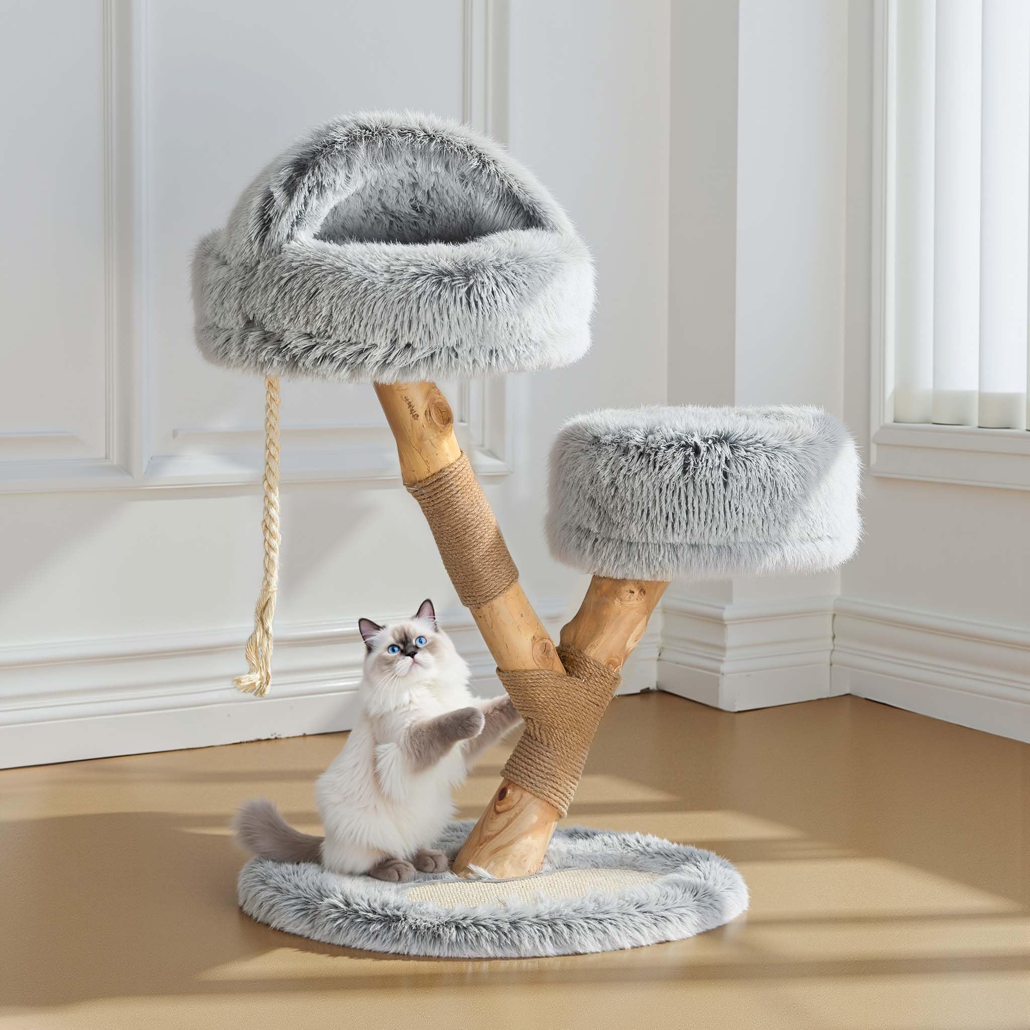 Fudajo Designer Kratzbaum mit Hängeliege, Katzenkratzbaum 59 x 59 x 169 cm, Katzenbaum bis max. 15 kg mit Sisal und Plüsch, Katzenmöbel mit 3 Etagen