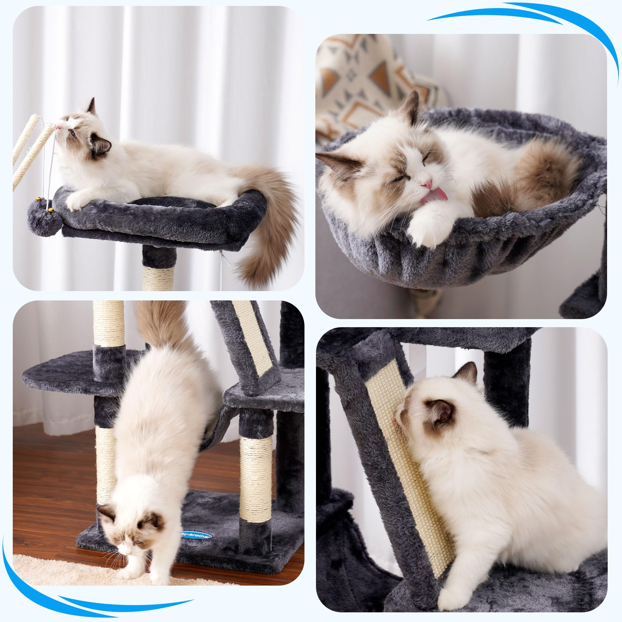 Hey-Brother Kratzbaum, 135 cm Indoor Katzenbaum, Mit gepolsterter Plattform Bett, Spielzeug Ball, Höhlen, Hängematte und Sisal Kratzbaum Katzenhaus, Hellgrau MPJ019-SW