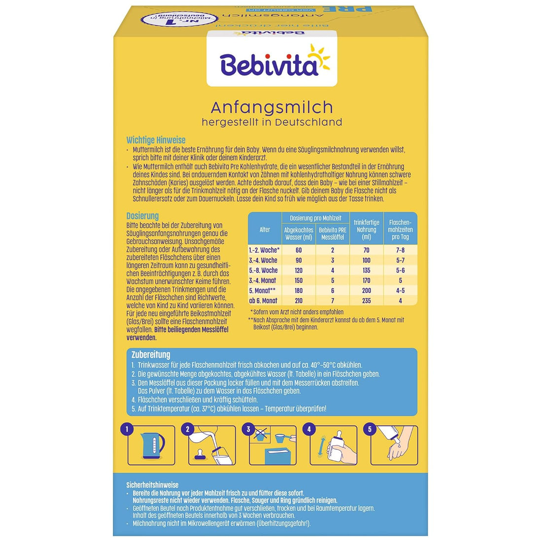 Bebivita PRE Anfangsmilch (5 x 500g), von Geburt an, enthält nur Lactose als Kohlenhydrat, gut zum Zufüttern