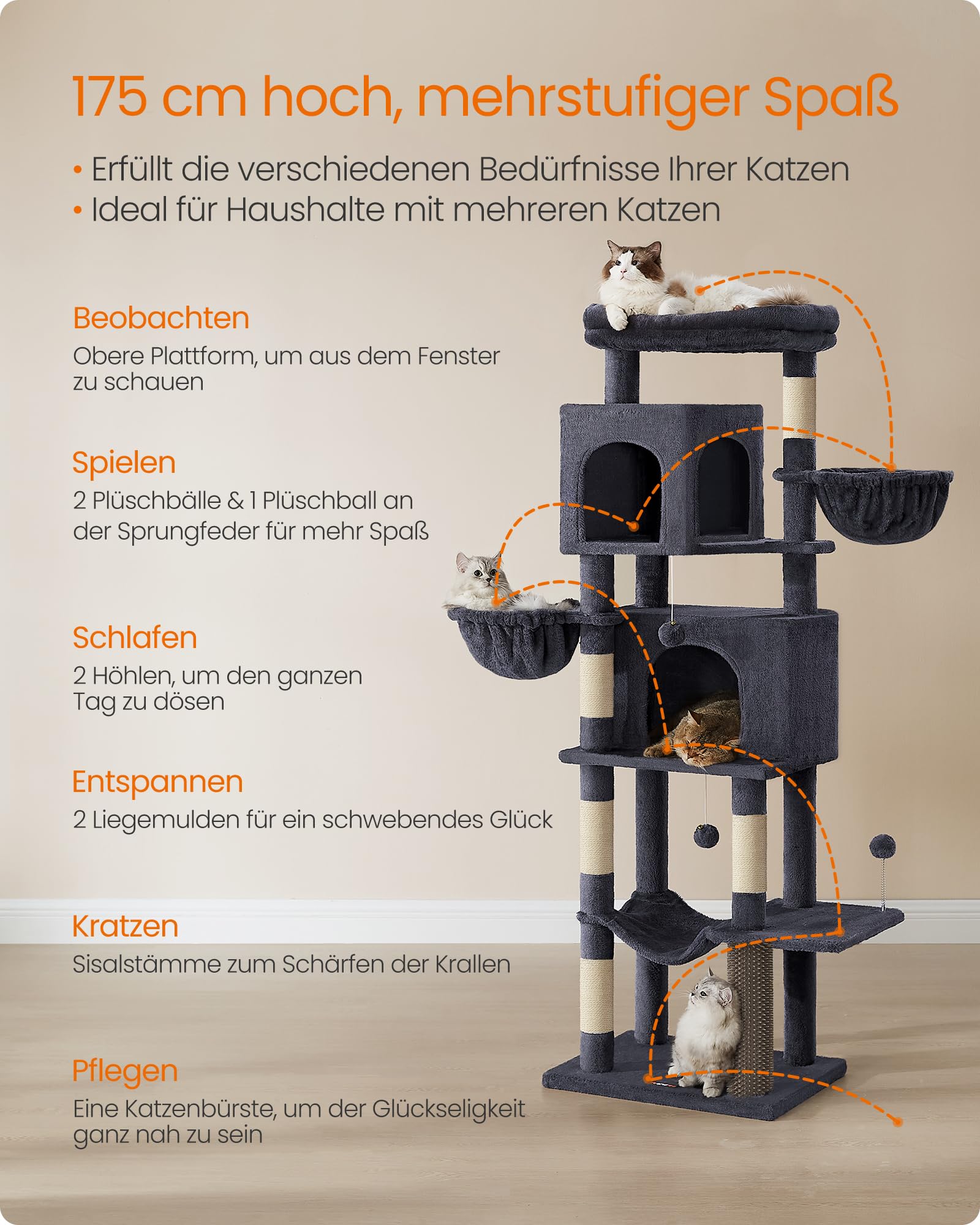Feandrea Kratzbaum, 175 cm hoch, XL, mehrstöckiger Katzenbaum mit 2 Höhlen, 2 Liegemulden, 5 Kratzsäulen, Katzenbürste, große Plattform, Taubengrau PCT182G01