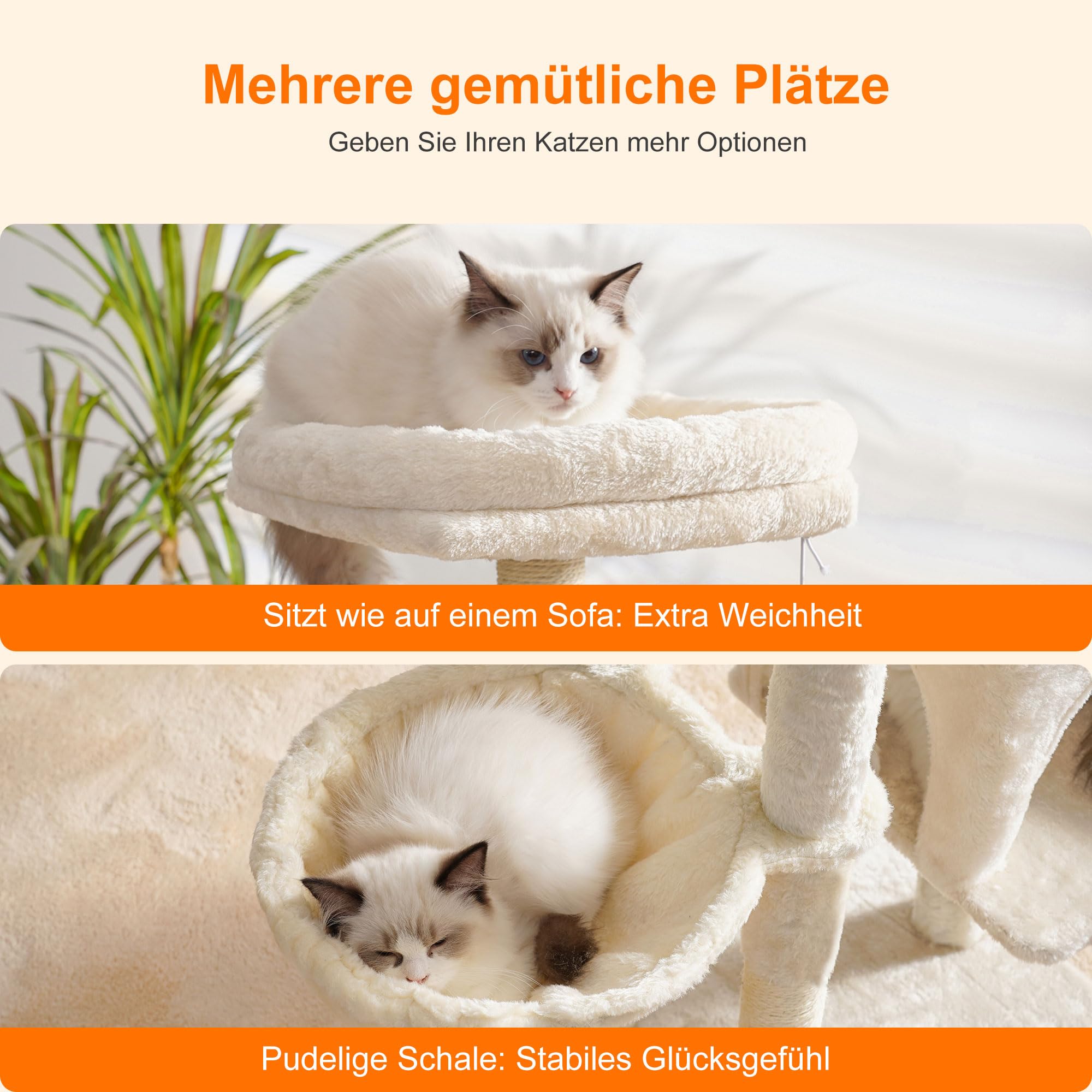 Heybly Kratzbaum mit Katzenbürste, Katzenbaum für Hauskatzen mit Gepolsterter Sitzstange aus Plüsch, Katzenkratzbaum mit Korb, Kratzbrett und Kratzbaum, Hellgrau HCT005SW