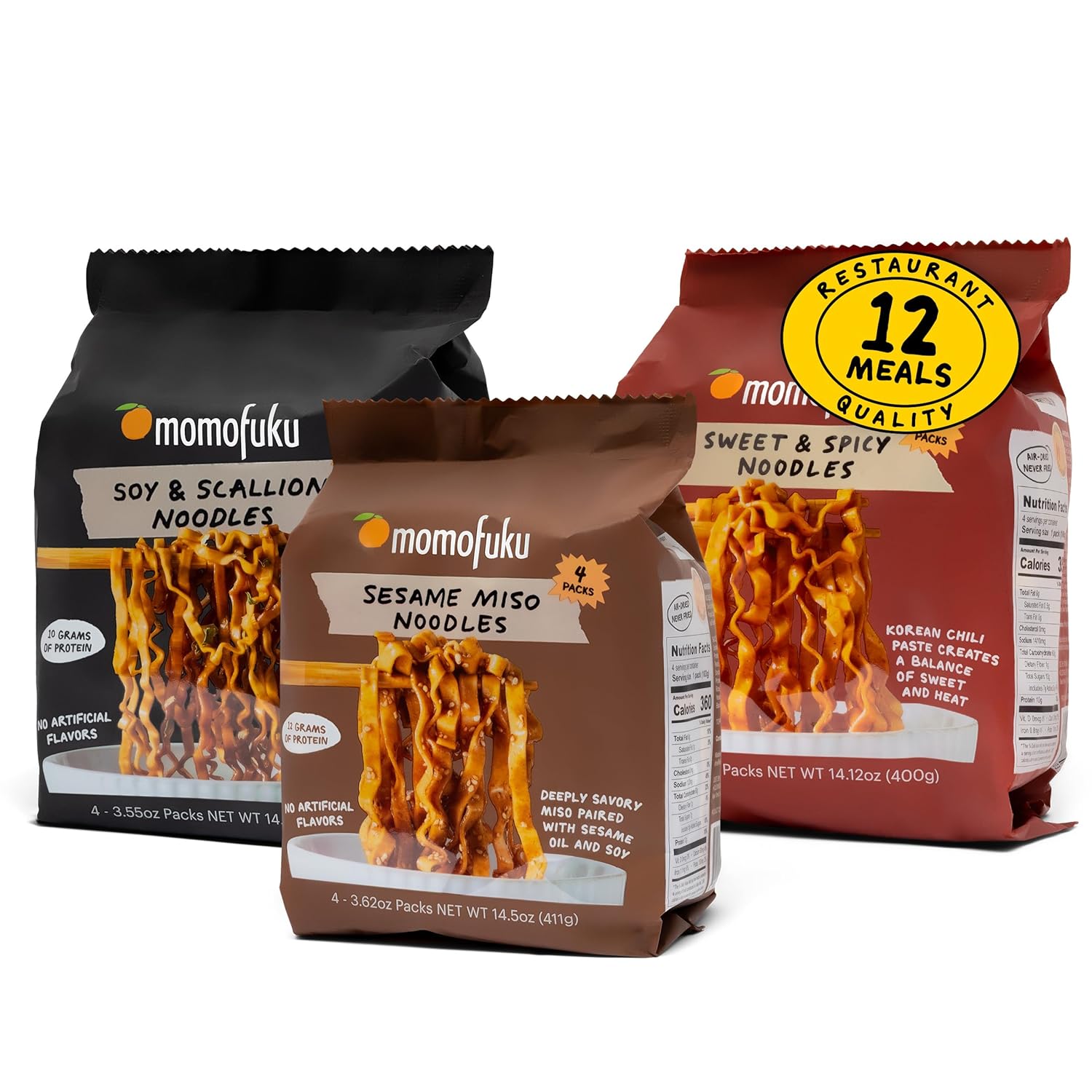 Momofuku Ramen Noodle Spicy Variety Pack by David Chang, 12 Meals of Air-Dried Instant Noodles with Spicy Sauce