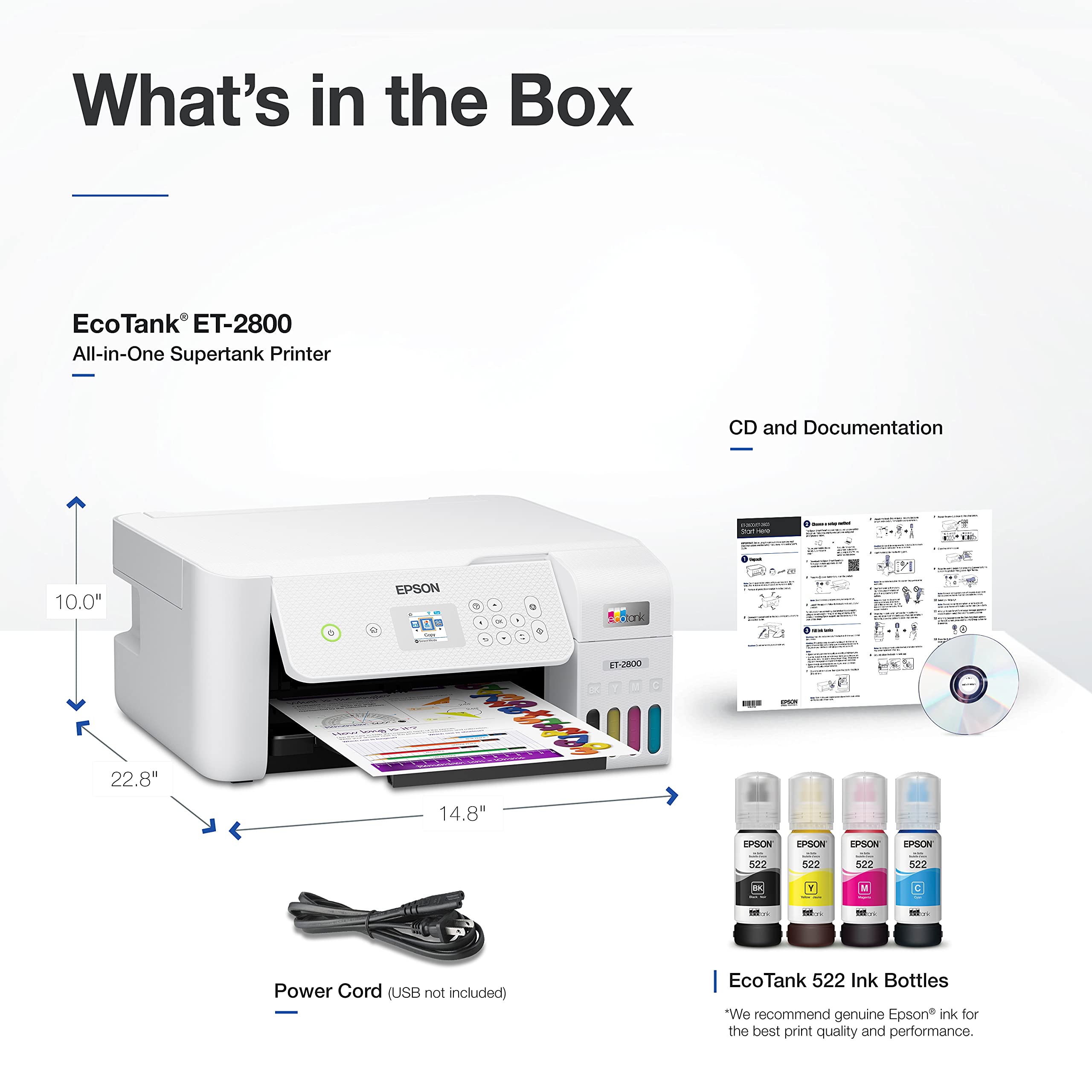 Epson EcoTank ET-2800 Wireless Color All-in-One Cartridge-Free Ink Supertank Printer with Scan and Copy for Home Use, Black