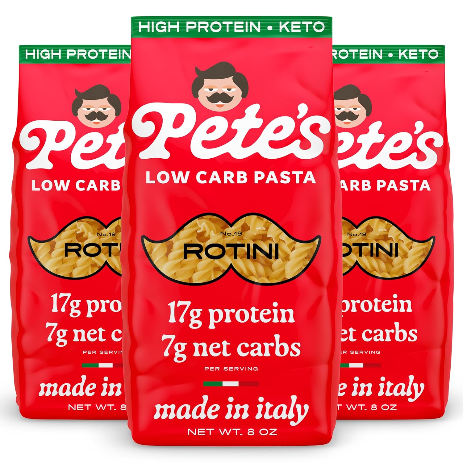 High Protein, Low Carb Pasta Variety | Penne, Rotini, Elbow Macaroni with 17g Protein, 7g Carbs | Healthy, Keto Pasta Made in Italy | 3-Pack, 8oz - Pete’s Pasta