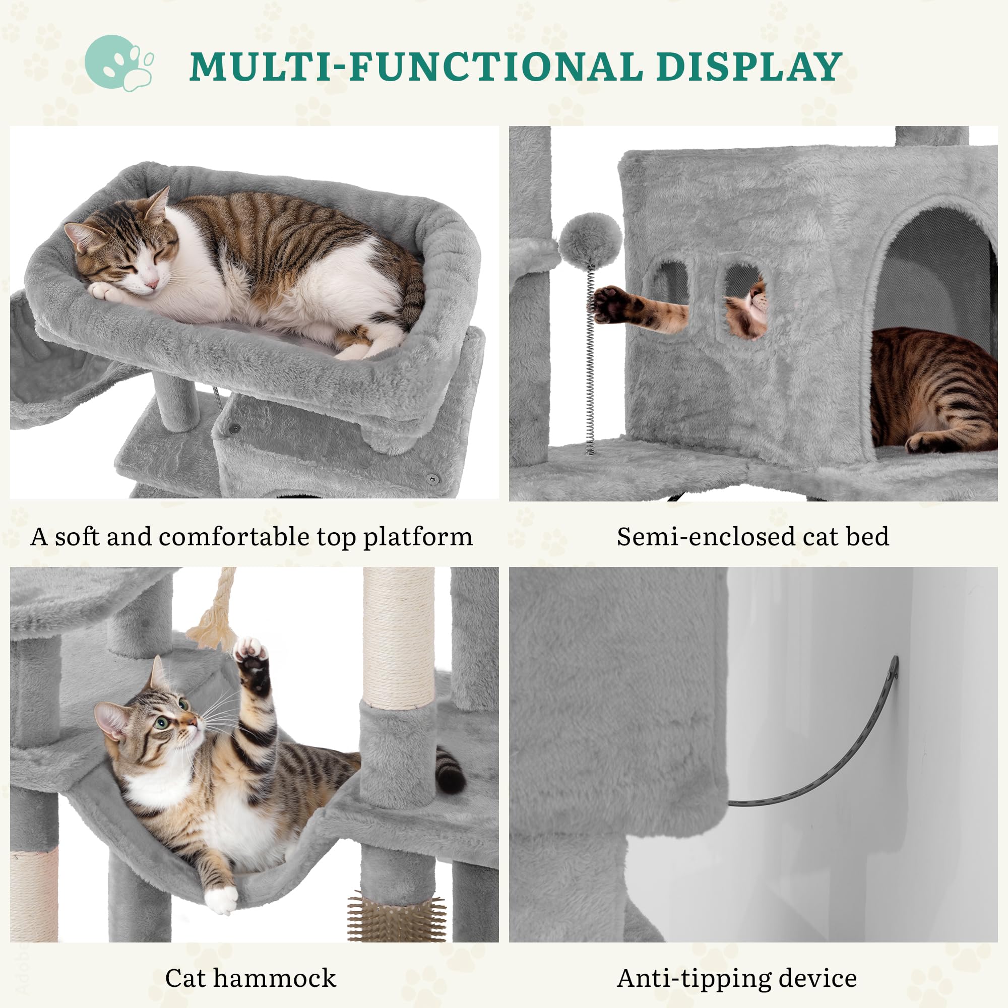 YITAHOME Kratzbaum, Katzenkratzbaum, für Große Katze, Katzenbaum, Katzenbürsten, 11 cm Dicke Stämme, Große Plattformen, Plüschkissen, Höhle, 50 x 50 x 157 cm, Beige
