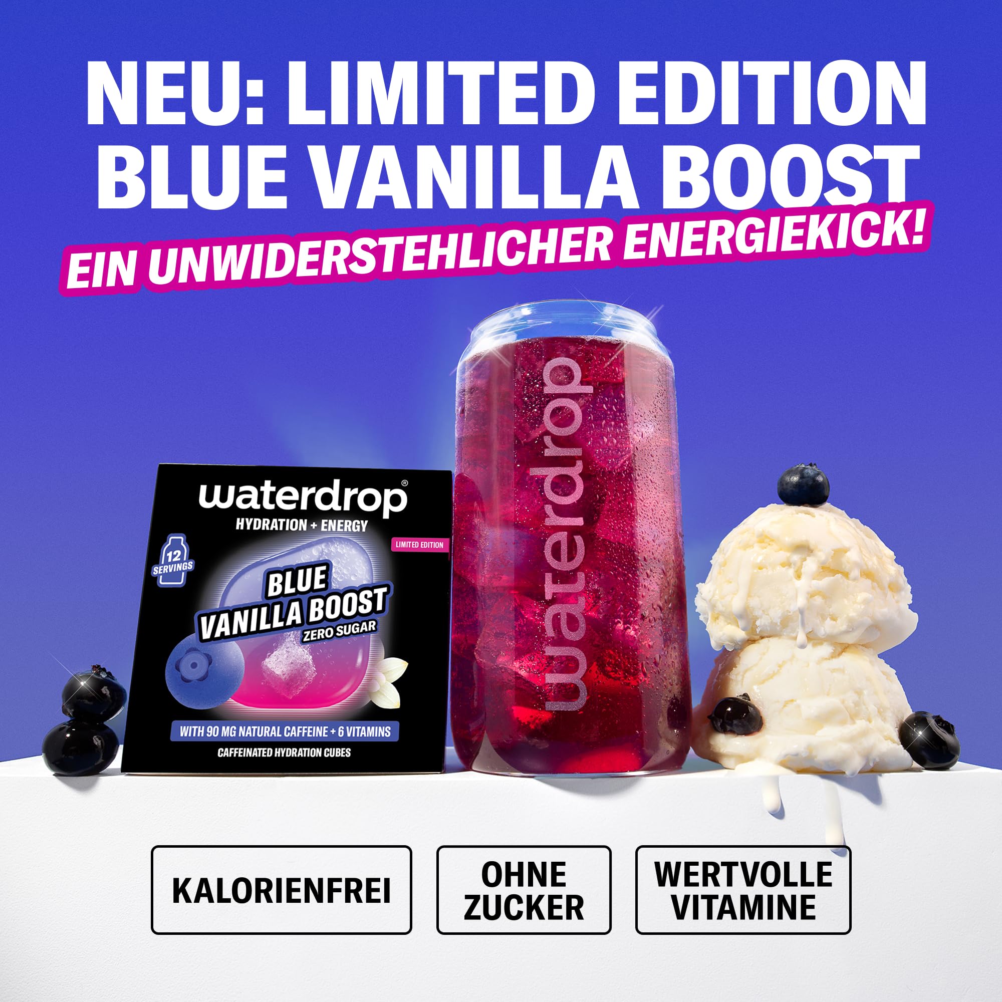 waterdrop® Microenergy Set, Energy Drink Pulver, 36 Würfel Getränkepulver, Mango, Kirsche & Brombeere Geschmack, Zuckerfrei & Kalorienarm, Mit 90 mg Natürlichem Koffein, Vitamin C & B – Flavour Drops