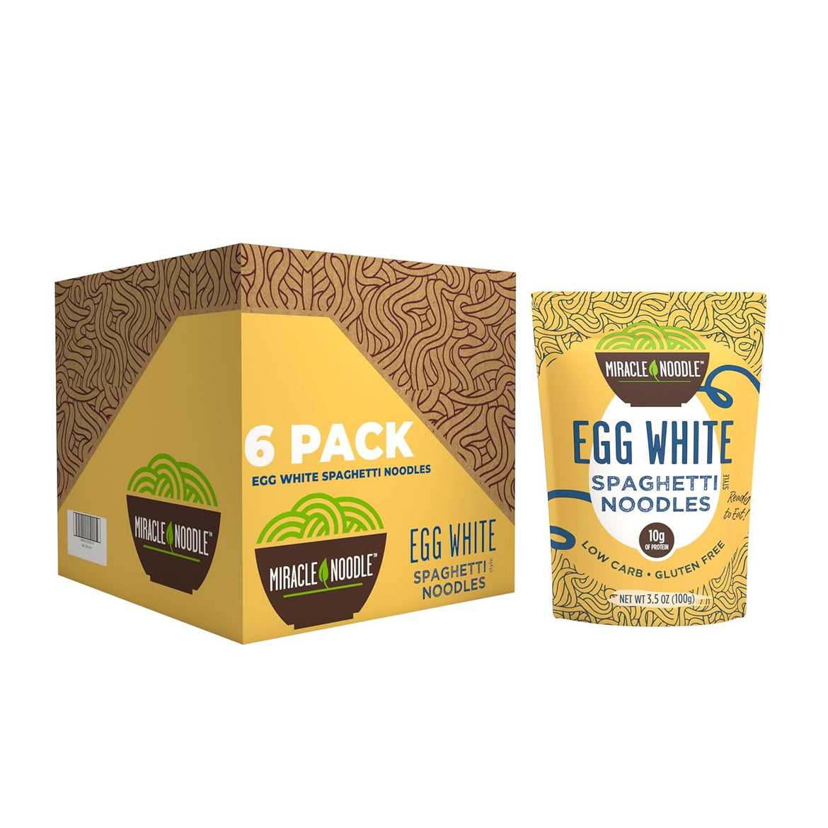 Miracle Noodle Egg White Spaghetti Pasta, 3.5 Oz (Pack of 6), Ready to Eat Egg White Noodles, 10g Protein, 45 Calories, 1g Net Carbs Per Serving, High Protein, Keto, Gluten-Free