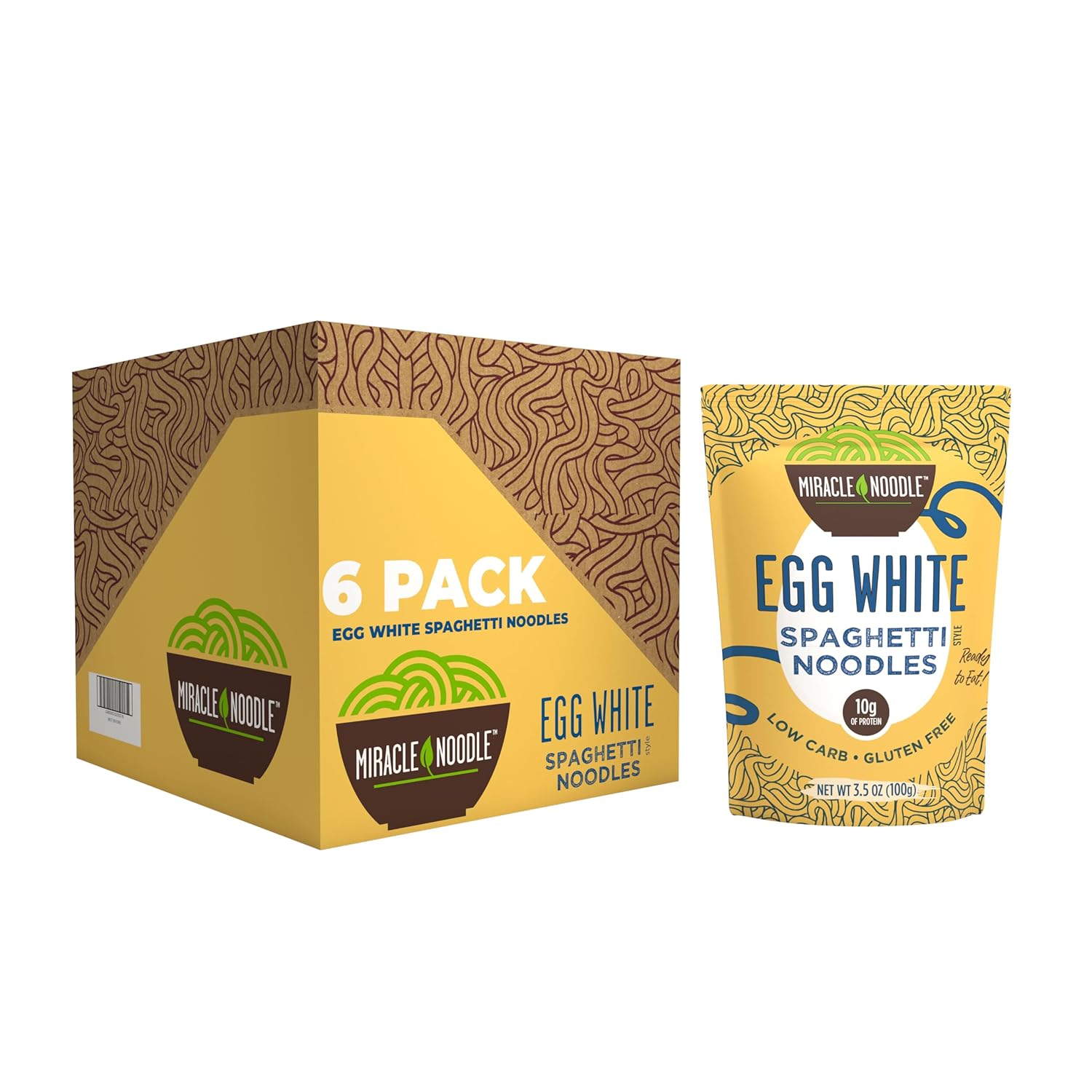 Miracle Noodle Egg White Spaghetti Pasta, 3.5 Oz (Pack of 6), Ready to Eat Egg White Noodles, 10g Protein, 45 Calories, 1g Net Carbs Per Serving, High Protein, Keto, Gluten-Free