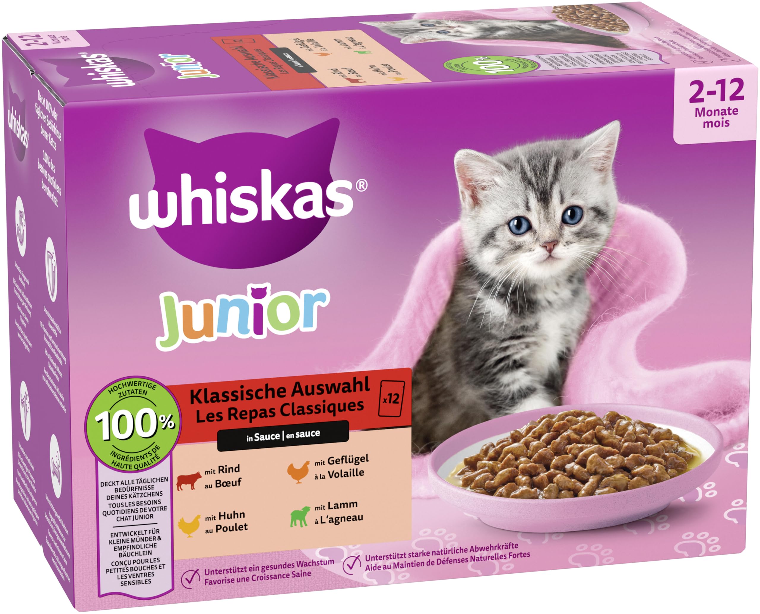 Whiskas Junior Katzennassfutter Klassische Auswahl in Sauce, 48 Portionsbeutel, 12x85g (4er Pack) – Hochwertiges Katzenfutter nass, für heranwachsende Katzen von 2 bis 12 Monaten