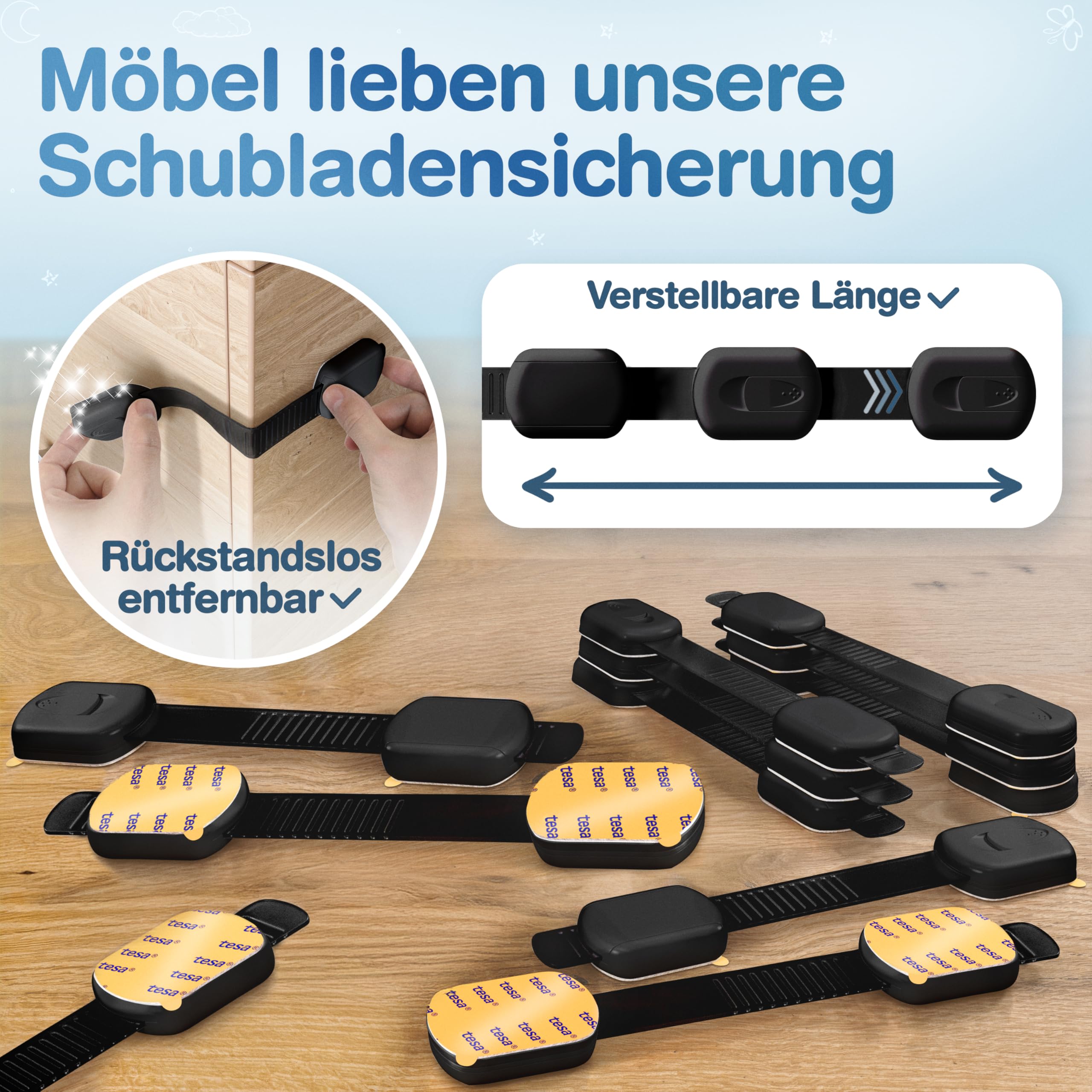 MUTKIND 10 Stück Kindersicherung Schrank - (Mit Kleber von TESA) Schranksicherung Baby - Längenverstellbar - Schubladensicherung Baby für Schränke, Kühlschrank, Tür - Kindersicherung Schubladen Weiß