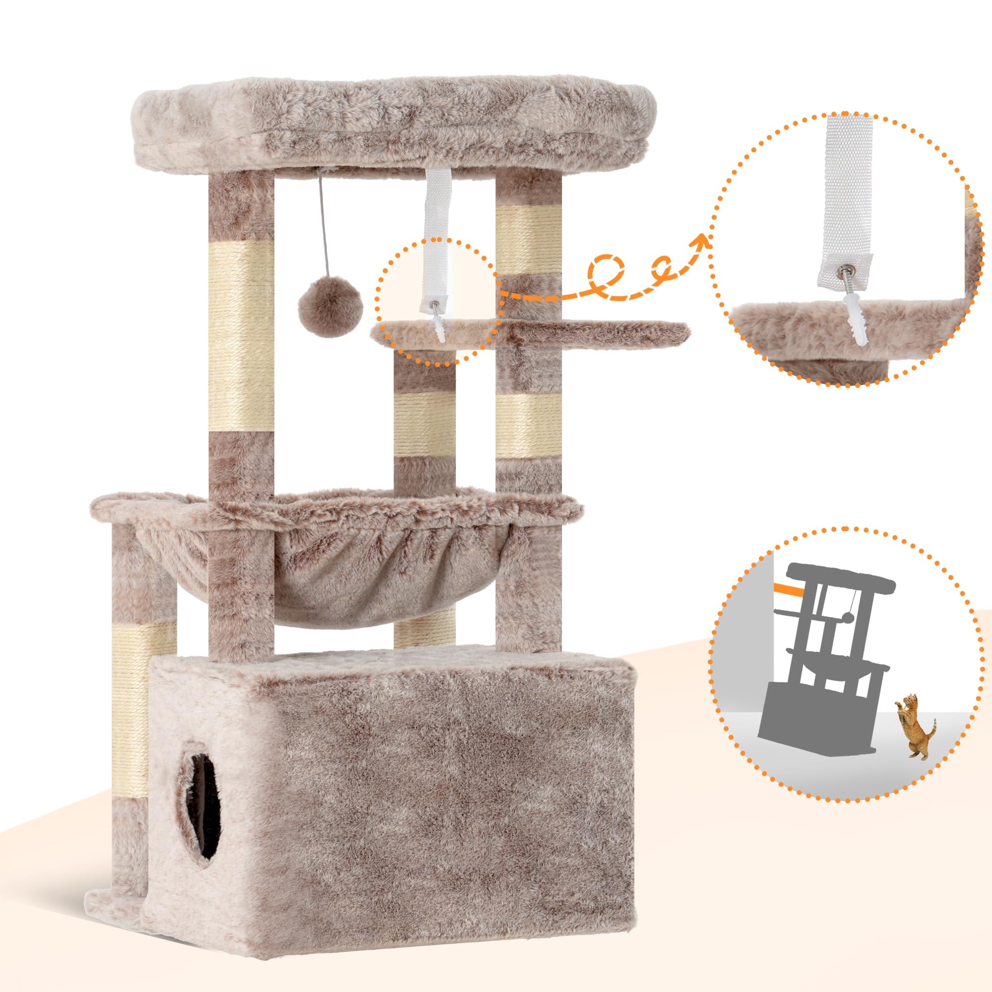 Heybly Kratzbaum, Katzenbaum mit Extra Großem, Weichem Katzenkorb, Katzenkratzbaum mit Geräumigem Katzenbett und Verstecktem Schlafplatz, Robusten Sisal-Kratzsäulen, Hellgrau HCT008SW