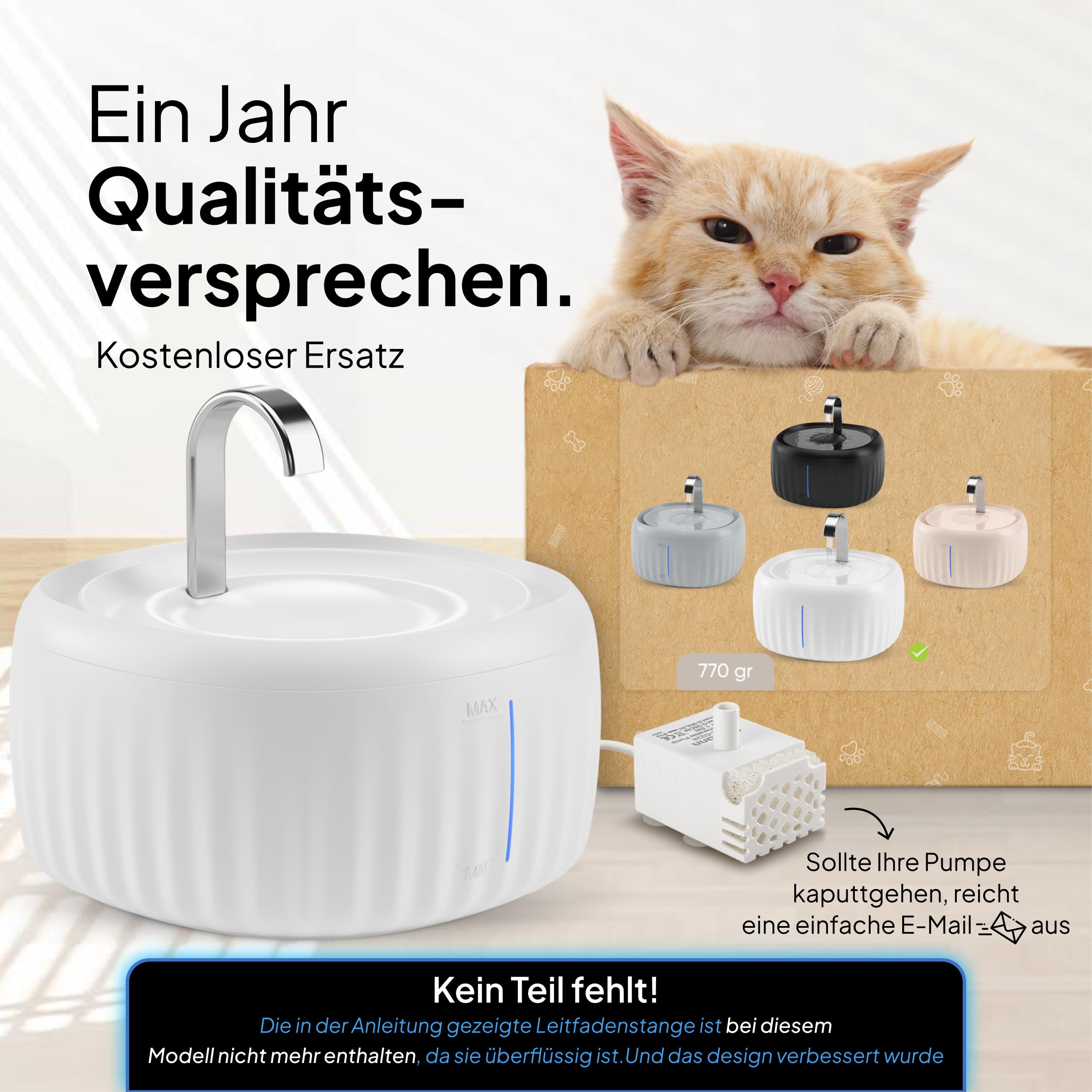 PrettyPaw Katzenbrunnen - Super leiser, BPA-freier 3L Trinkbrunnen für Katze mit LED und Aktivkohlefilter - Leicht zu reinigender Katzen Trinkbrunnen - Aqua Flow (Schwarz)