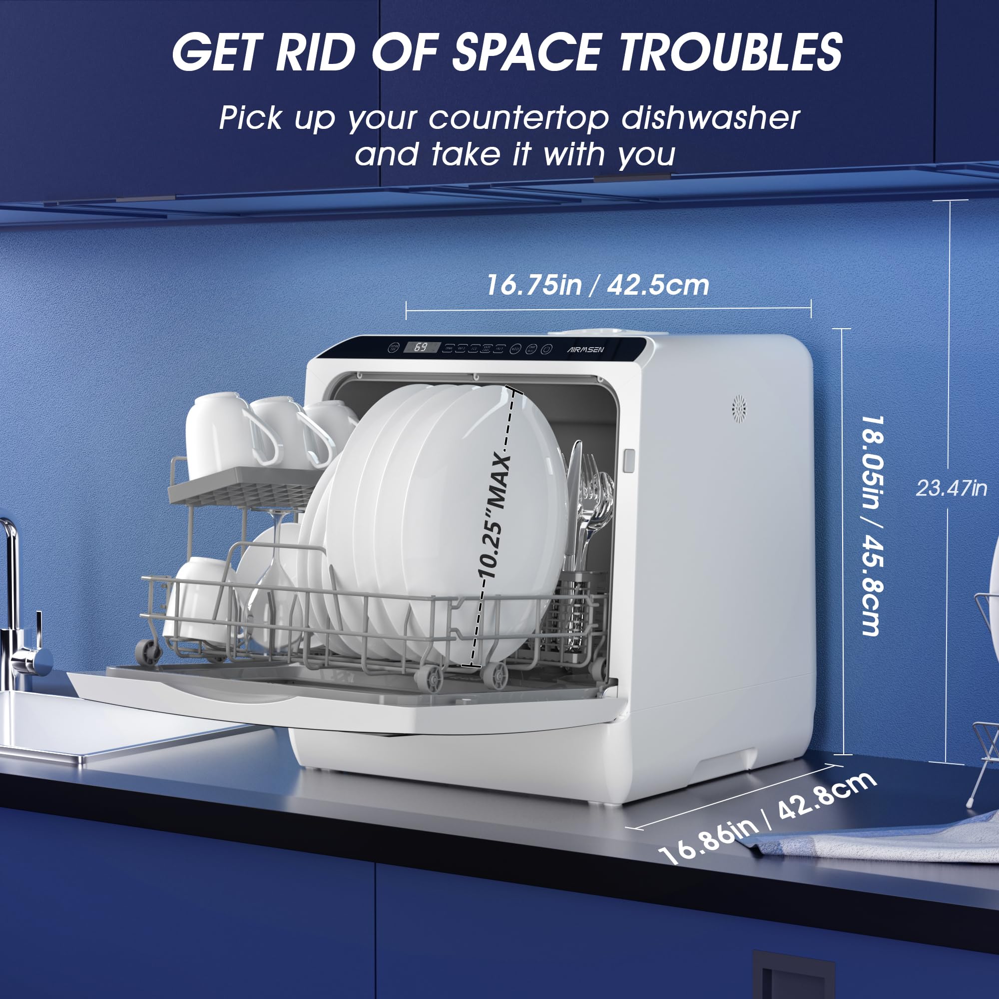 AIRMSEN Portable Countertop Dishwashers, 5 Washing Programs Mini Dishwashers with 1.2 Gal Built-in Water Tank and Double-layered Glass Door, No Hookup Needed for Home, Apartments & RVs