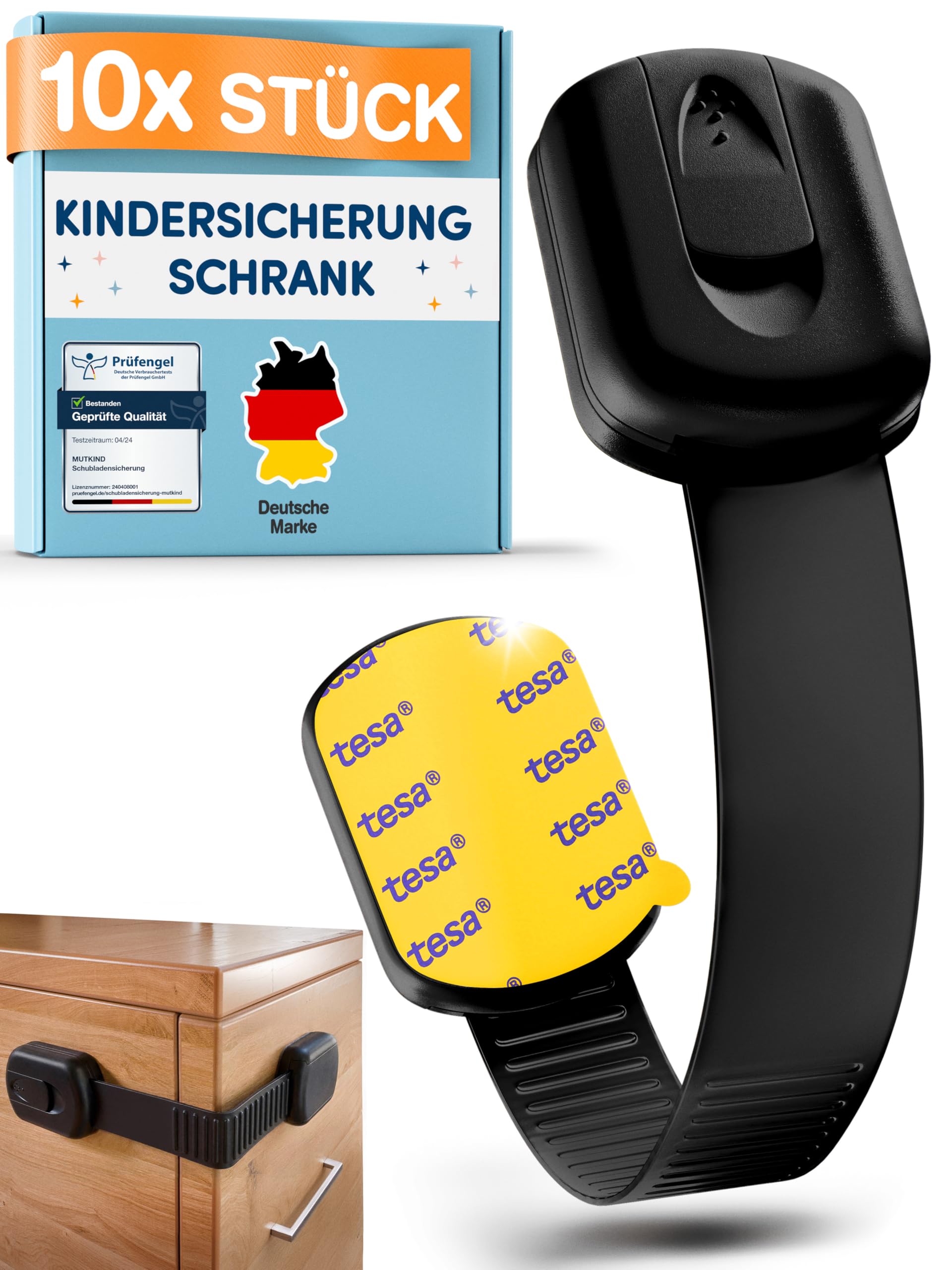 MUTKIND 10 Stück Kindersicherung Schrank - (Mit Kleber von TESA) Schranksicherung Baby - Längenverstellbar - Schubladensicherung Baby für Schränke, Kühlschrank, Tür - Kindersicherung Schubladen Weiß