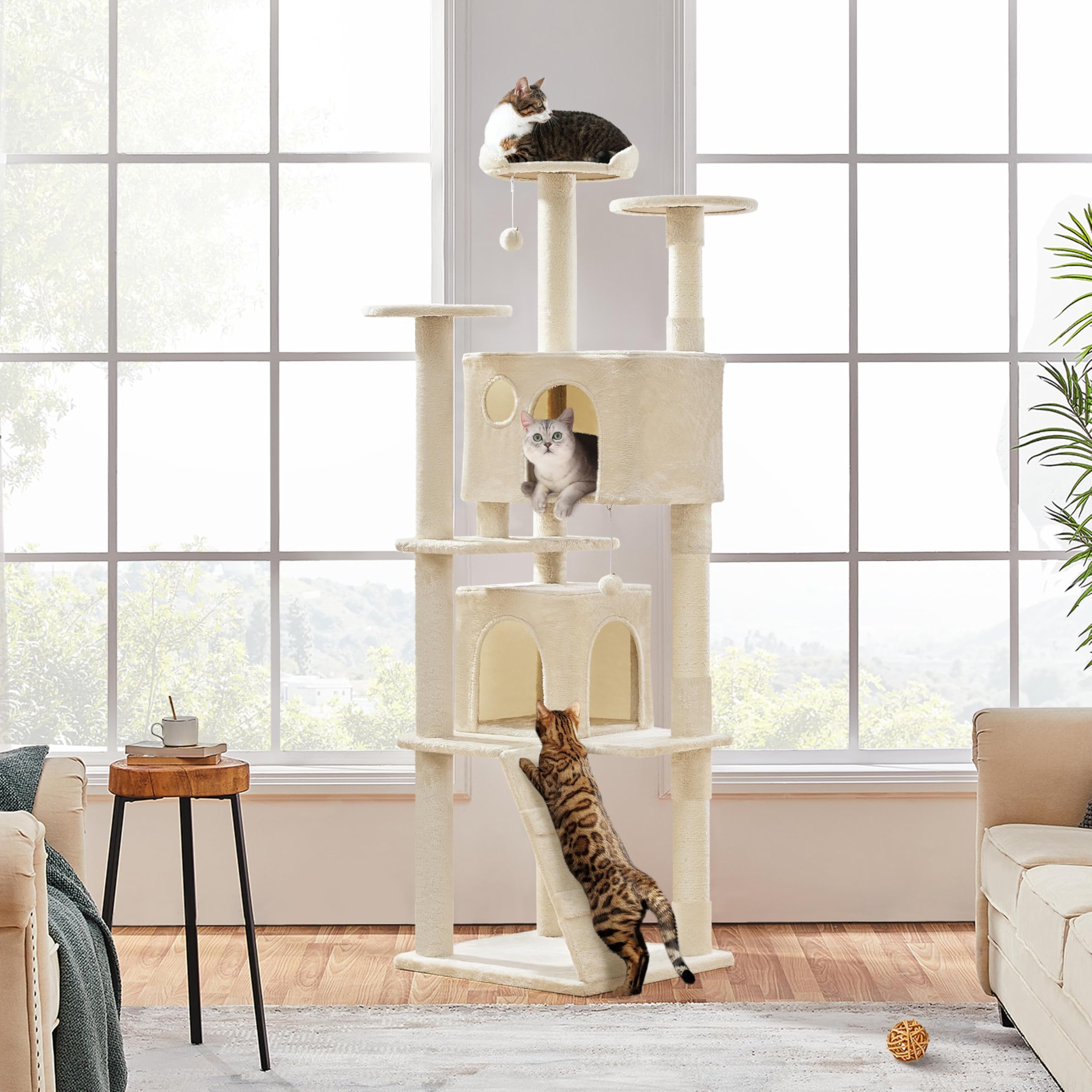 Yaheetech Kratzbaum Groß, 139 cm hoch, Mehrstöckiger Katzenbaum Kletterturm mit 3 Kratzsäulen, 3 Plattformen, 2 Gemütlichen Höhlen, 2 Plüschbällen, Stabiler Aktivitätsbereich für Katzen, Dunkelgrau