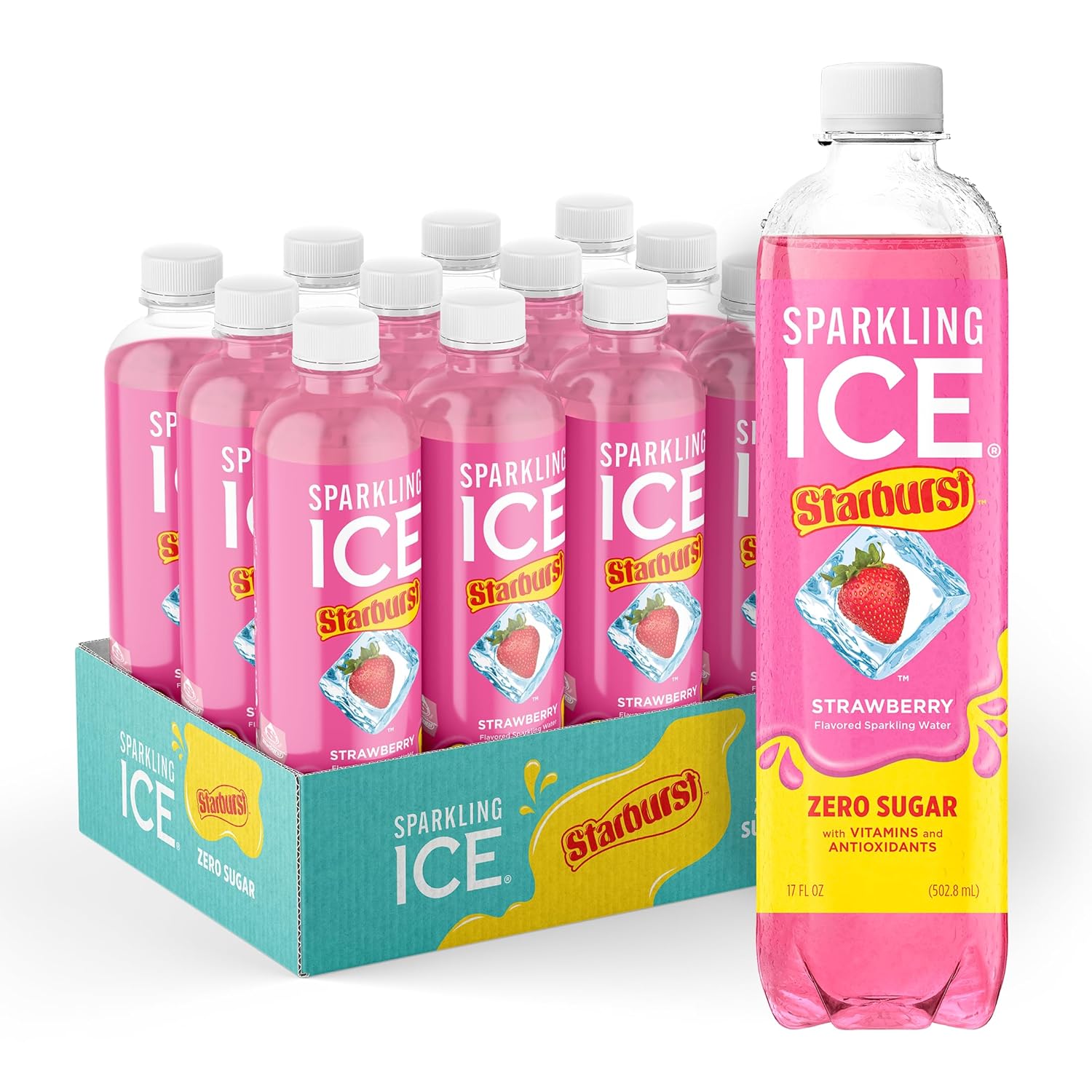 Sparkling Ice® STARBURST™ Variety Pack, Zero Sugar Flavored Sparkling Water, with Vitamins and Antioxidants, Low Calorie Beverage, 17 fl oz, 12 count (Strawberry, Cherry, Fruit Punch, Watermelon)