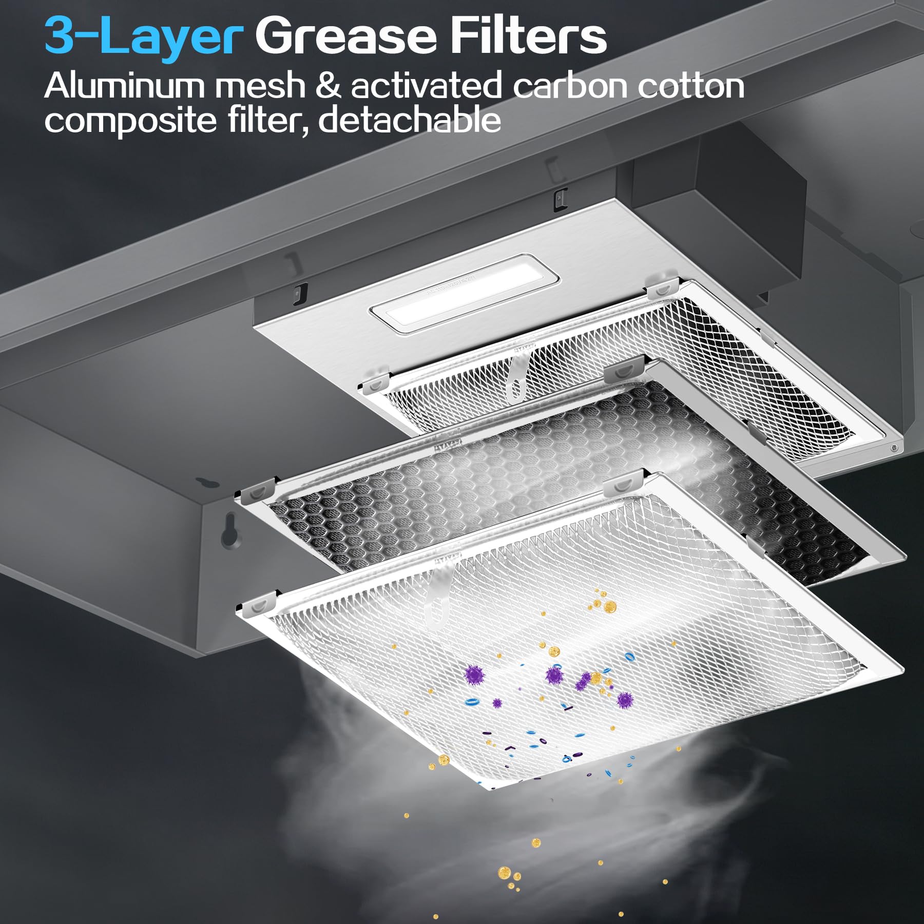 Range Hood 30 inch Under Cabinet, Stainless Steel Kitchen Vent Hood 280CFM, Built-in Kitchen Stove Hood w/Rocker Button Control, Ducted/Ductless Convertible Duct, 2 Speeds Fan, Bright LED Light