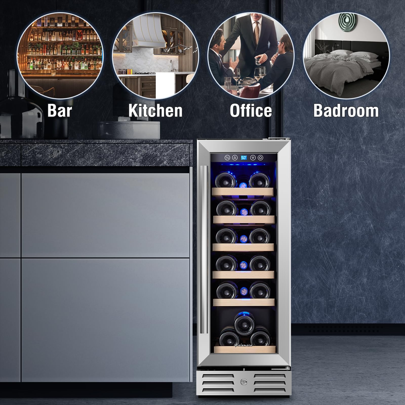 Kalamera 24 inch Wine Cooler, 37 Bottle - Dual Zone Built-in or Freestanding Fridge with Stainless Steel Reversible Glass Door, for Home, Kitchen or Office