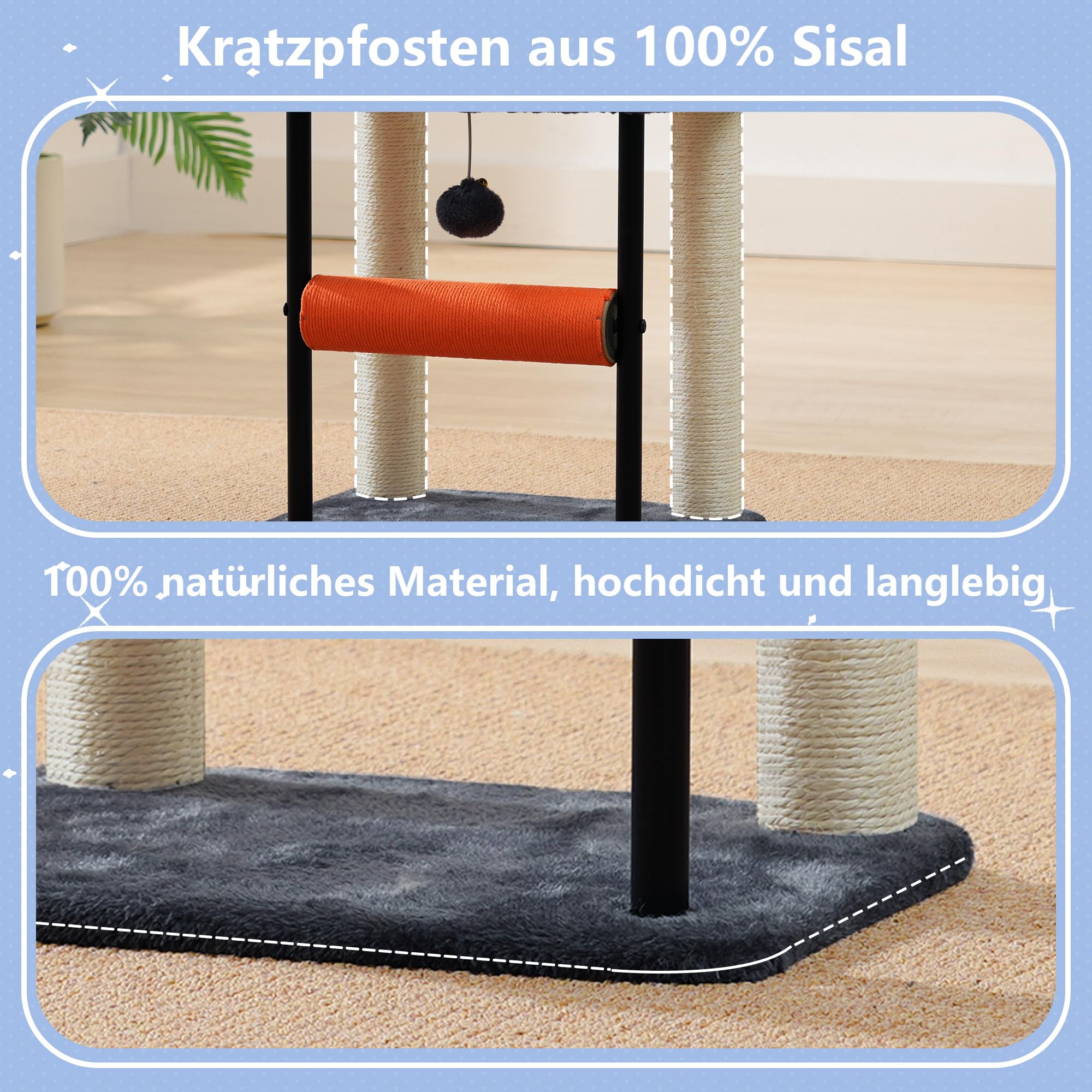 Hey-brother Kratzbaum, 50 cm klein Katzenbaum für Kätzchen, Kratzpfosten mit drehbarer Sisalsäule, geräumiger Plüschplattform, Vollständig sisalumwickelte Säule und Spielbällen, Hellgrau EMPJ010SW