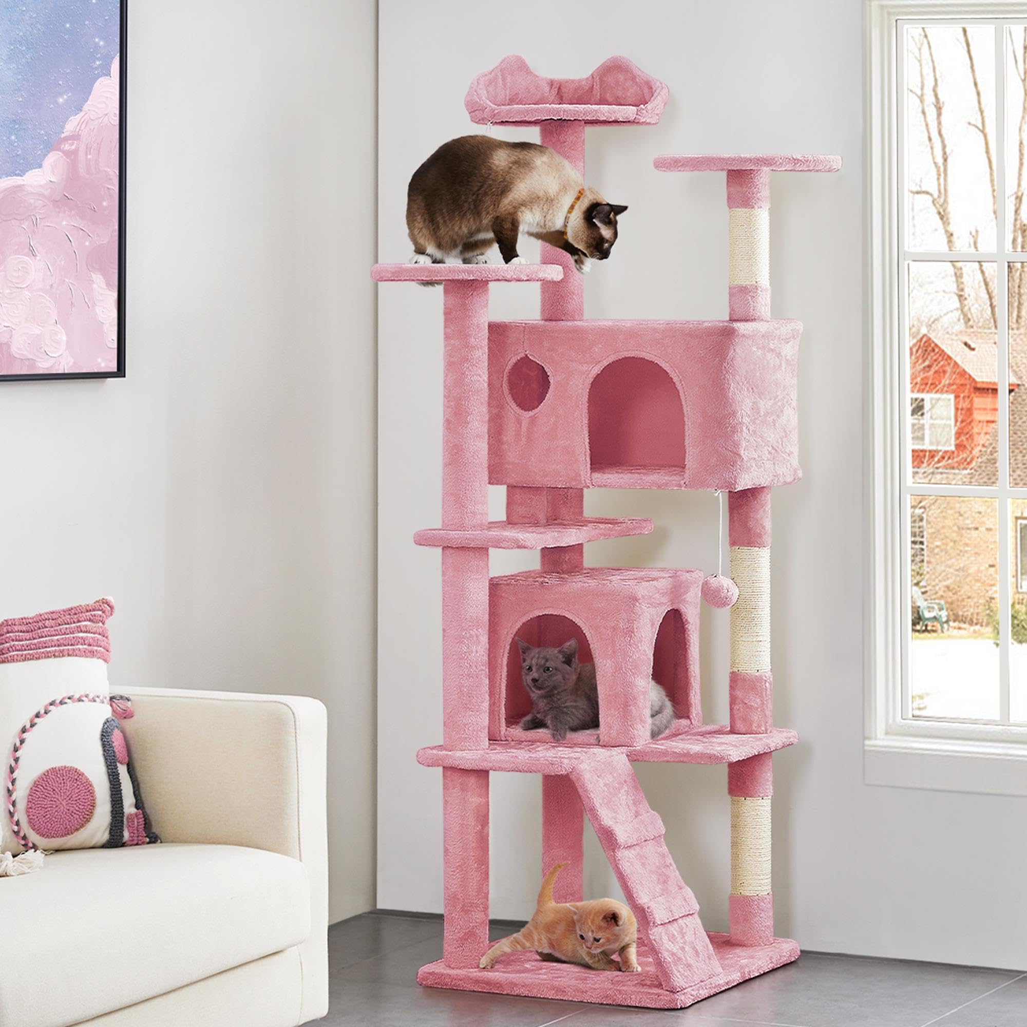 Yaheetech Kratzbaum Groß, 139 cm hoch, Mehrstöckiger Katzenbaum Kletterturm mit 3 Kratzsäulen, 3 Plattformen, 2 Gemütlichen Höhlen, 2 Plüschbällen, Stabiler Aktivitätsbereich für Katzen, Dunkelgrau