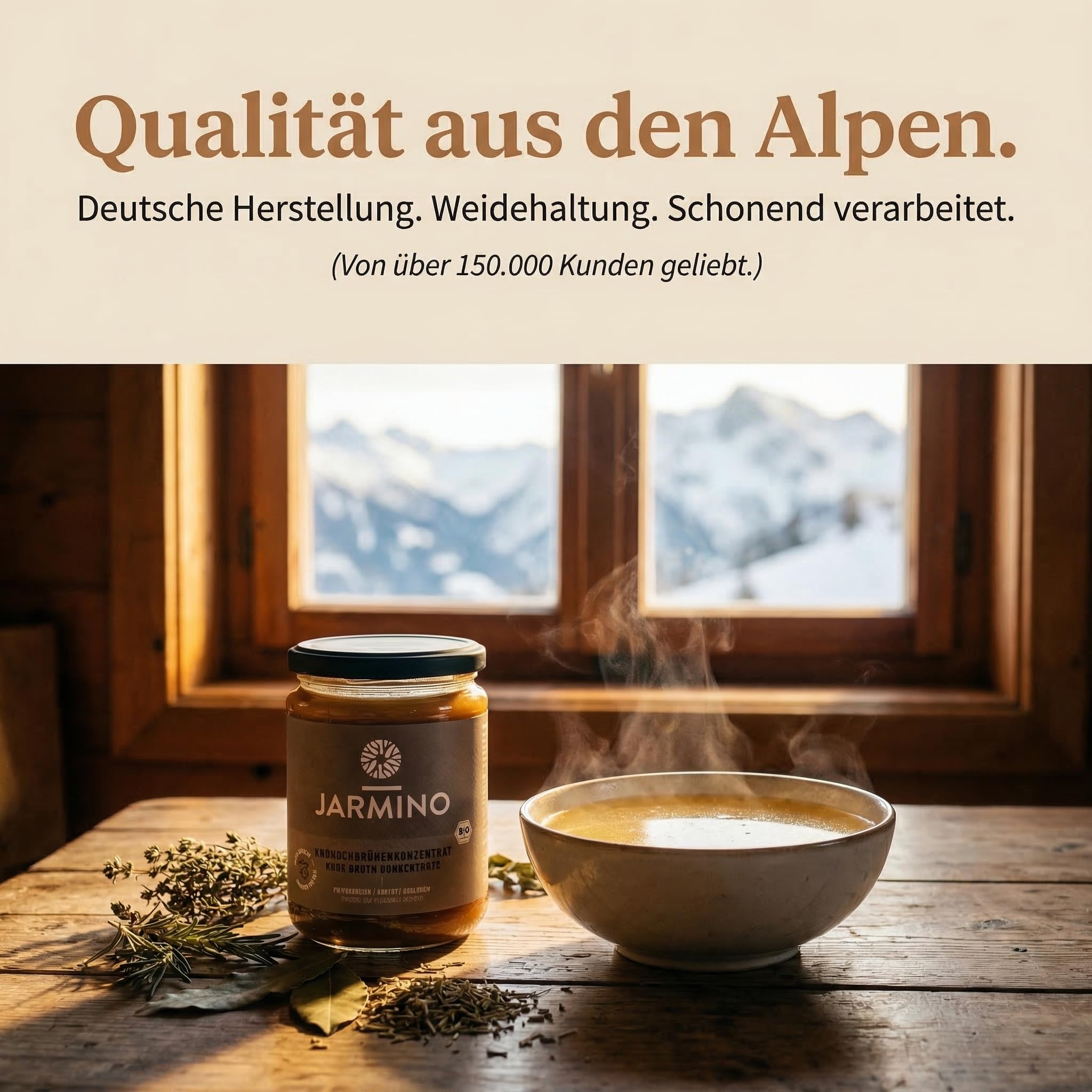 JARMINO Bio Rinderknochenbrühe Konzentrat, Grasgefütterte Brühe für Menschen, Flüssige Knochenbrühe mit Kollagenprotein, Keto, Paleo & AIP geeignet, Rinderbrühe, 440 g, 44 Portionen