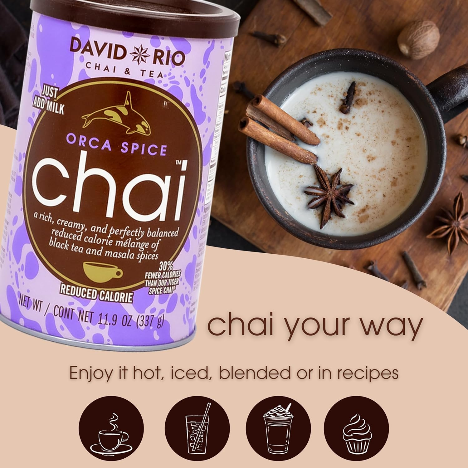 Orca Spice Reduced Calorie Chai Tea Latte Mix, 47.6 Oz, Black Tea, Organic Spices, Sugar Free, Dairy Free, Serve Hot or Cold, Just Add Water or Milk, 56 Servings, Perfect for Food Service