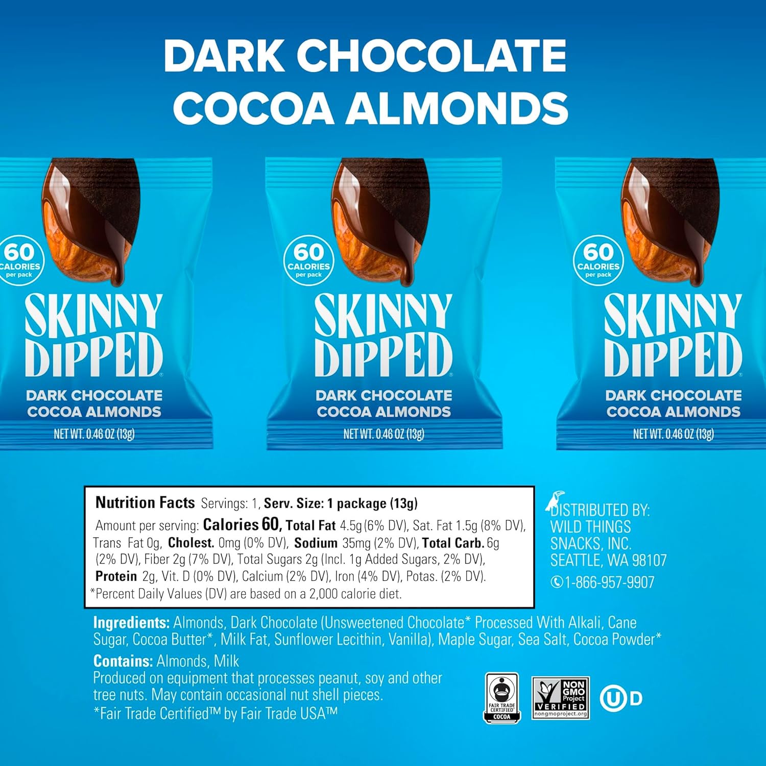 SkinnyDipped Snack Attack Minis Almond Variety Pack, Healthy Snack, Plant Protein, Gluten Free, 0.46 oz Mini Bags, Pack of 25
