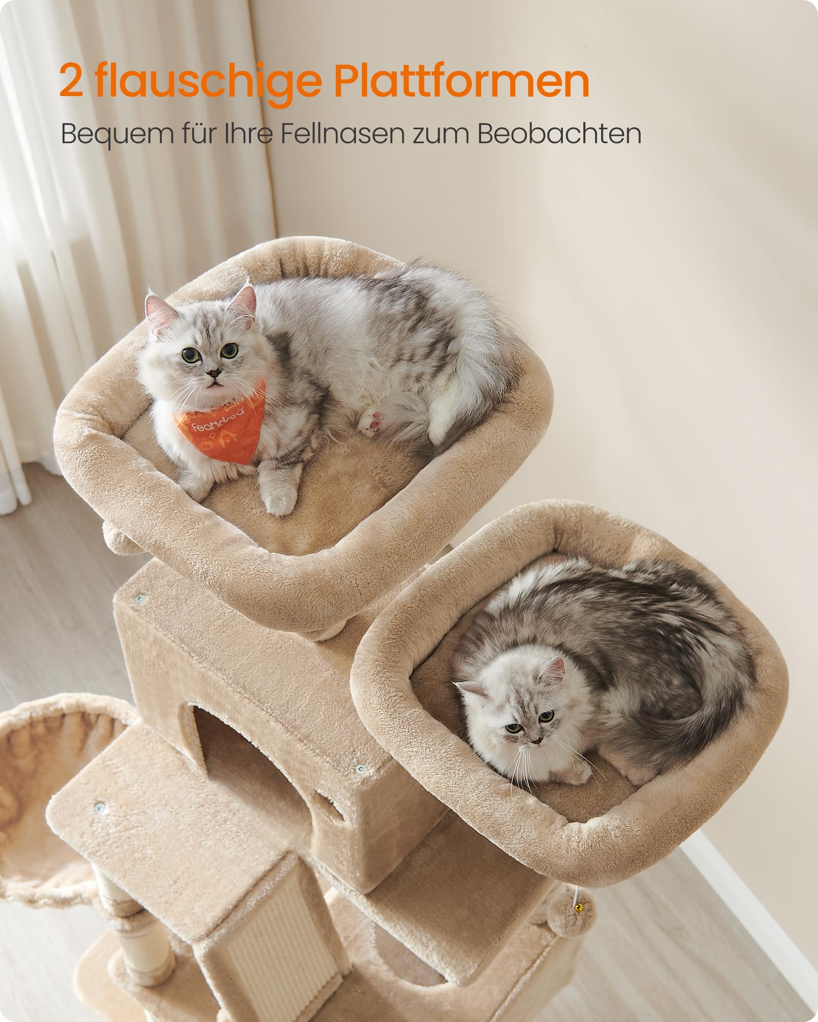 Feandrea Kratzbaum groß, 203,5 cm hoch, XXL Katzenbaum, mit 13 Kratzsäulen, 2 Plattformen, 2 Höhlen, Korb, Hängematte, Plüschbälle, mehrstöckiger Katzenkratzbaum, rauchgrau PCT190G01