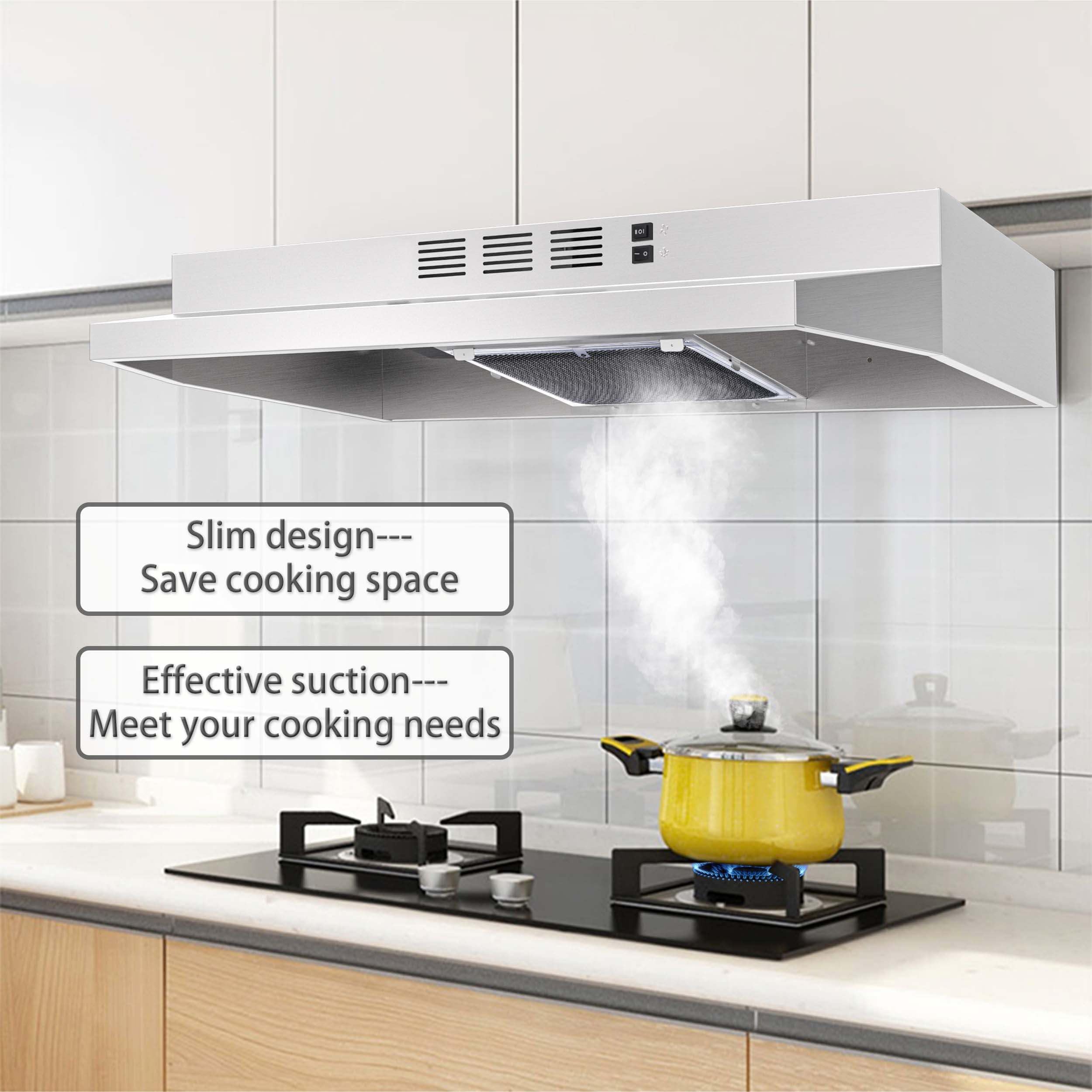 SNDOAS Range Hood 30 inch Under Cabinet, Ducted/Ductless Convertible Kitchen Hood, Stainless Steel Vent Hood with LED Light,Under Cabinet Hood with 2 Speed Exhaust Fan,Black