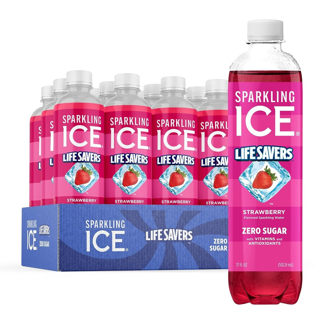 Sparkling Ice® LIFESAVERS™ Strawberry, Zero Sugar Flavored Sparkling Water, with Vitamins and Antioxidants. No Artificial Dyes, Low Calorie Beverage, 17 fl oz Bottles (Pack of 12)