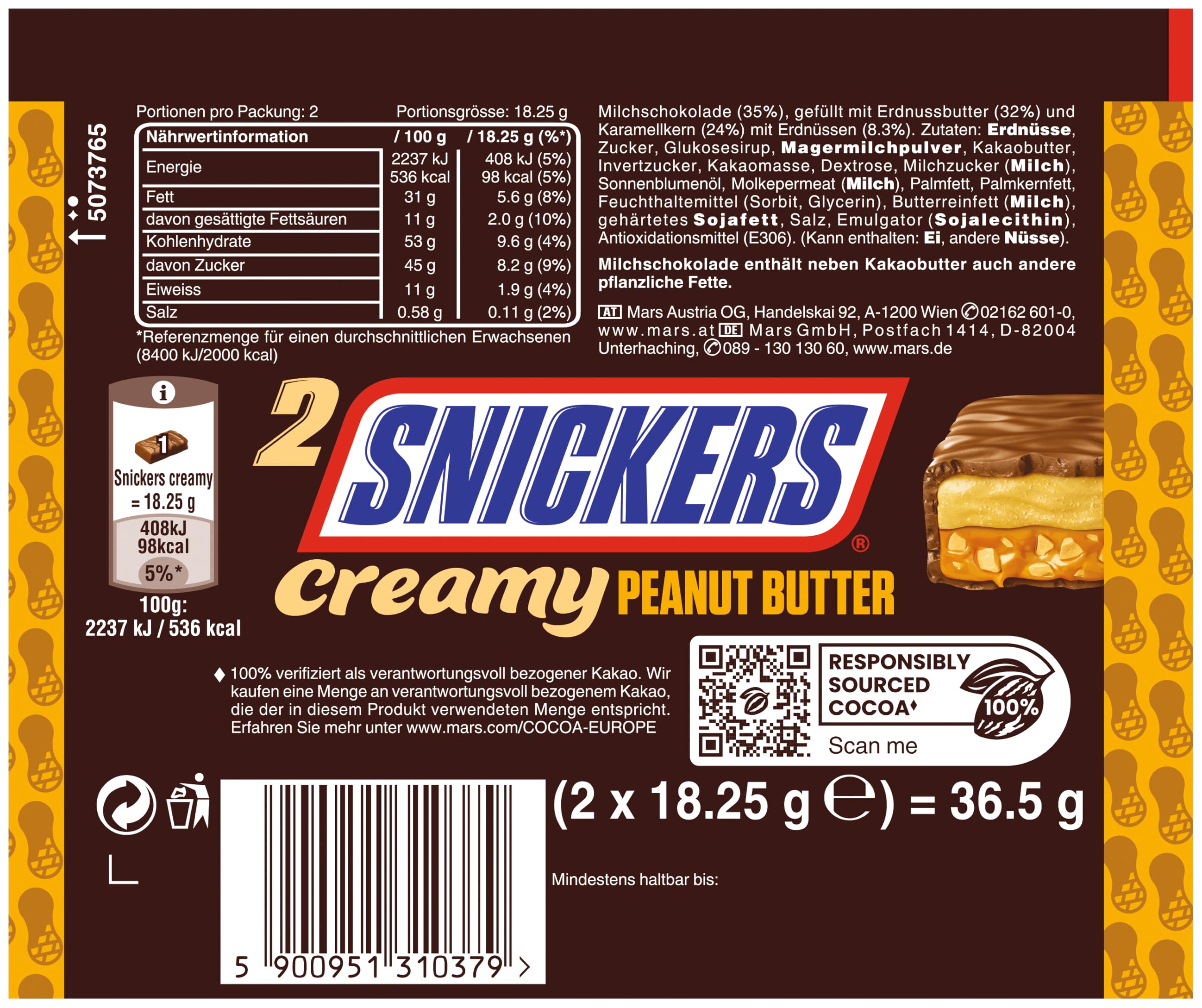 Snickers Creamy Peanut Butter, Schokolade Großpackung, Milchschokolade, Doppelriegel, 24 x 36,5g