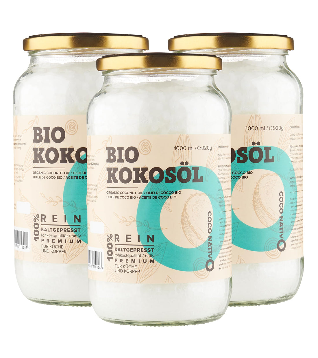 Bio Kokosöl CocoNativo - 1000mL (1L) - Bio Kokosfett, Kokosnussöl, Premium, Nativ, Kaltgepresst, Rohkostqualität, Rein (1000ml) - zum Kochen, Braten und Backen, für Haare und Haut
