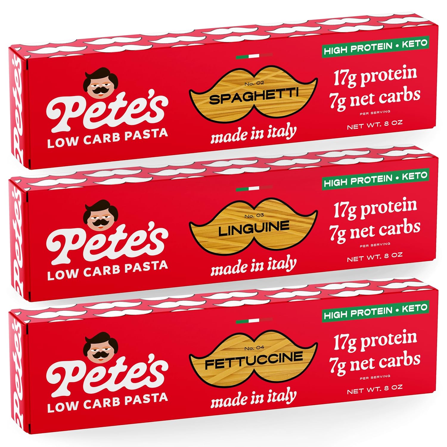 High Protein, Low Carb Pasta Variety | Penne, Rotini, Elbow Macaroni with 17g Protein, 7g Carbs | Healthy, Keto Pasta Made in Italy | 3-Pack, 8oz - Pete’s Pasta