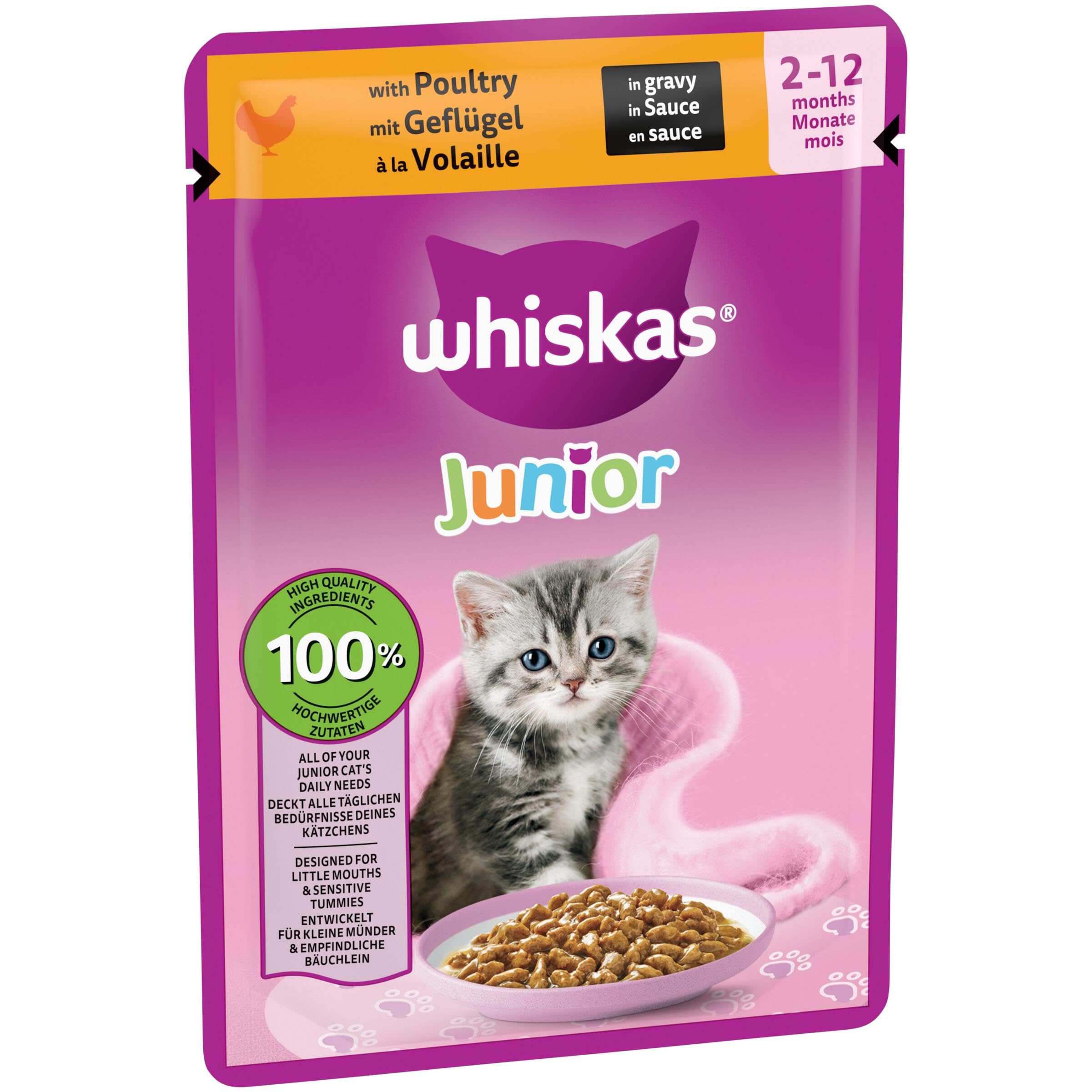 Whiskas Junior Katzennassfutter Klassische Auswahl in Sauce, 48 Portionsbeutel, 12x85g (4er Pack) – Hochwertiges Katzenfutter nass, für heranwachsende Katzen von 2 bis 12 Monaten