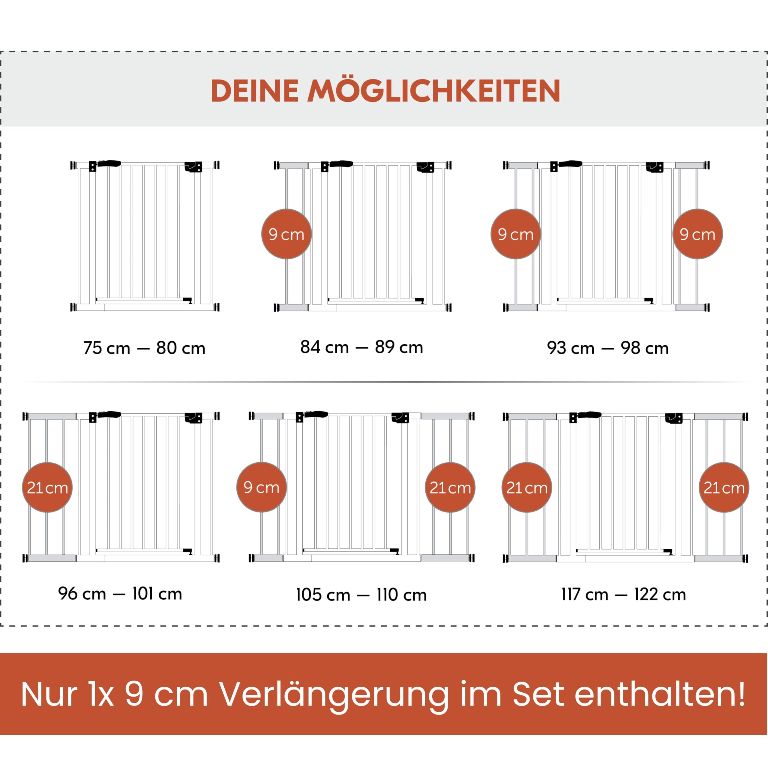 hauck Open N Stop 2 + 21 cm Verlängerung, Weiß - Kinderschutzgitter Hundegitter, Verstellbare Breite 96-101 cm, 77 cm Hoch, Beidseitige Einhand Öffnung, ohne Bohren, für Innen